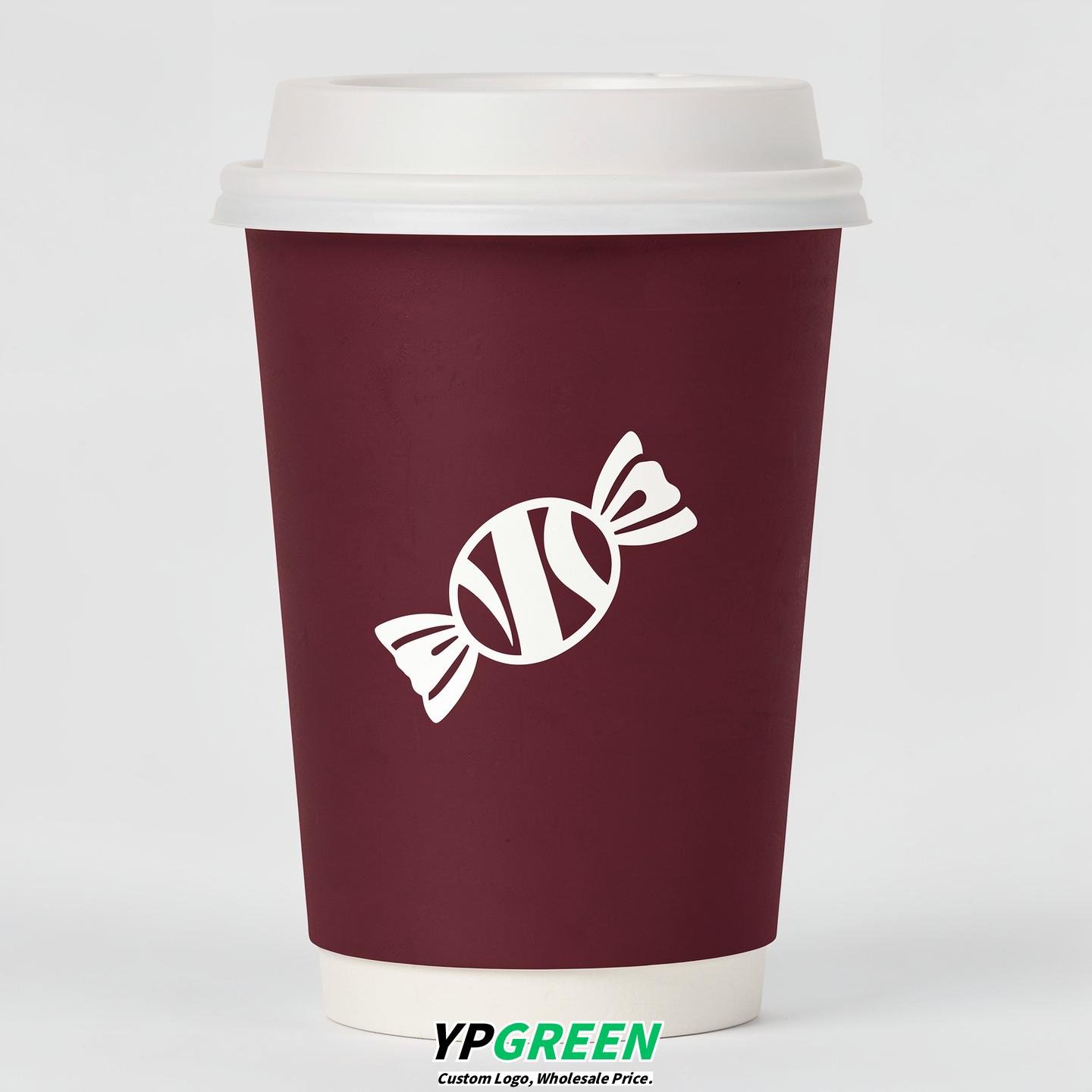 Maroon Paper Cups with Candy Logo & Lids 8-24oz