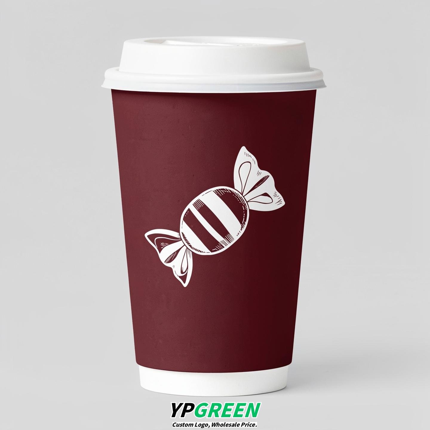 Maroon Paper Cups with Candy Logo & Lids 8-24oz