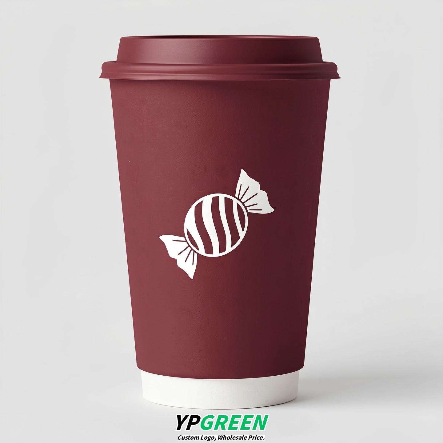 Maroon Paper Cups with Candy Logo & Lids 8-24oz