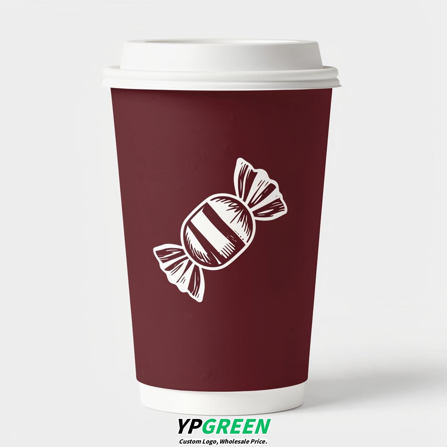 Maroon Paper Cups with Candy Logo & Lids 8-24oz