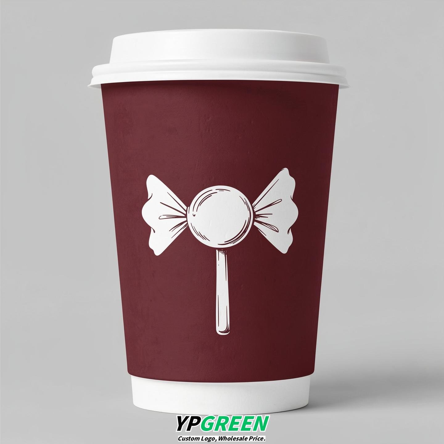 Maroon Paper Cups with Candy Logo & Lids 8-24oz Maroon Paper Cups with Candy Logo & Lids 8-24oz