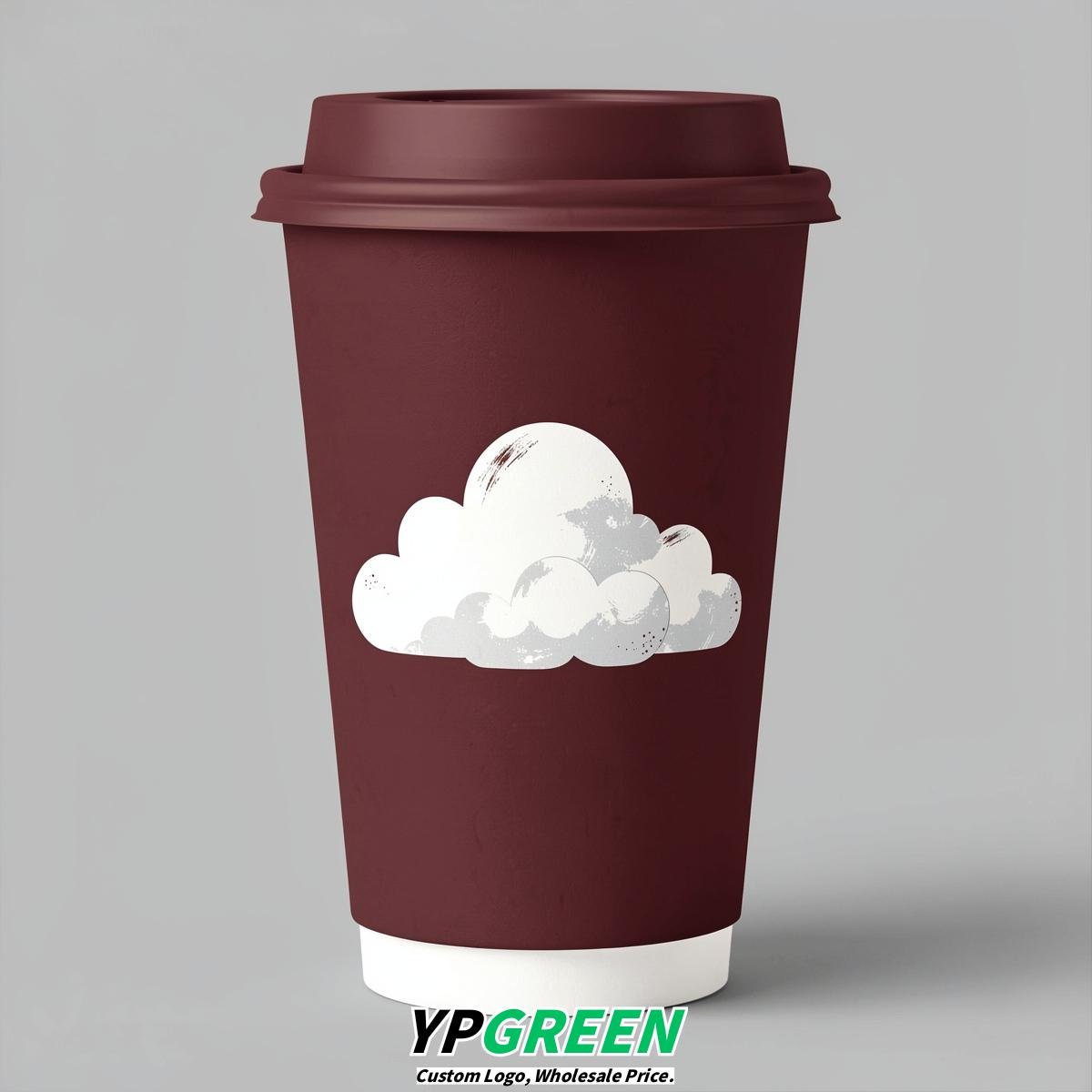 Maroon Paper Cups with Clouds Logo & Lids 8-24oz