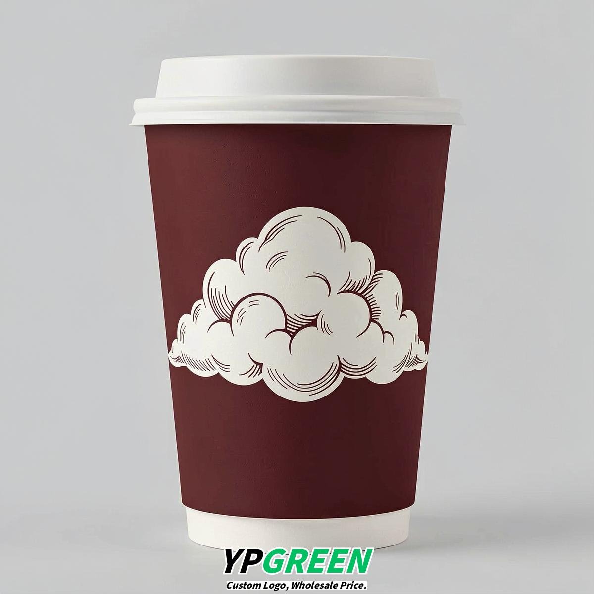 Maroon Paper Cups with Clouds Logo & Lids 8-24oz