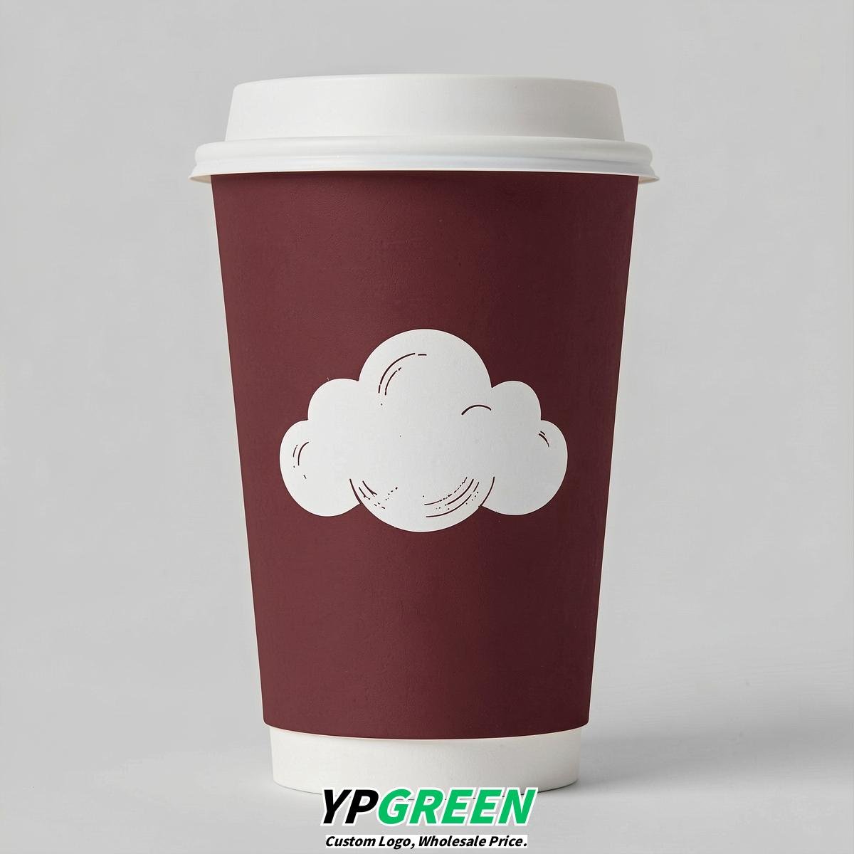 Maroon Paper Cups with Clouds Logo & Lids 8-24oz