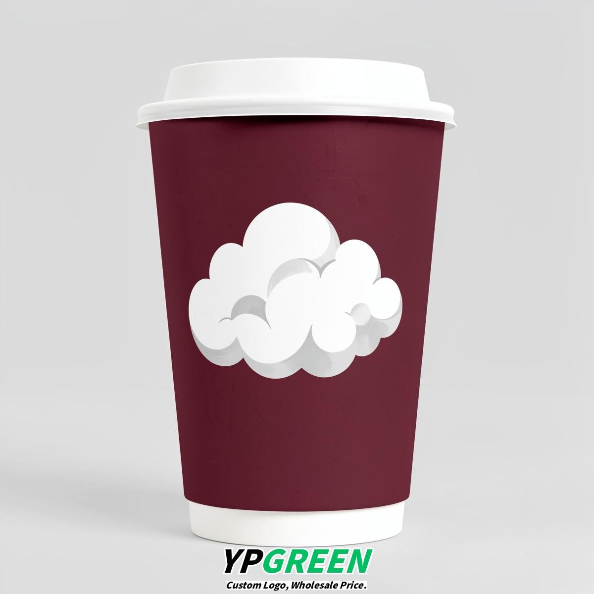 Maroon Paper Cups with Clouds Logo & Lids 8-24oz