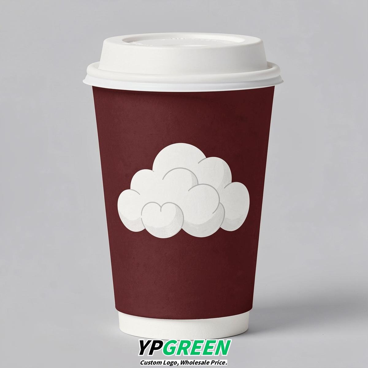 Maroon Paper Cups with Clouds Logo & Lids 8-24oz