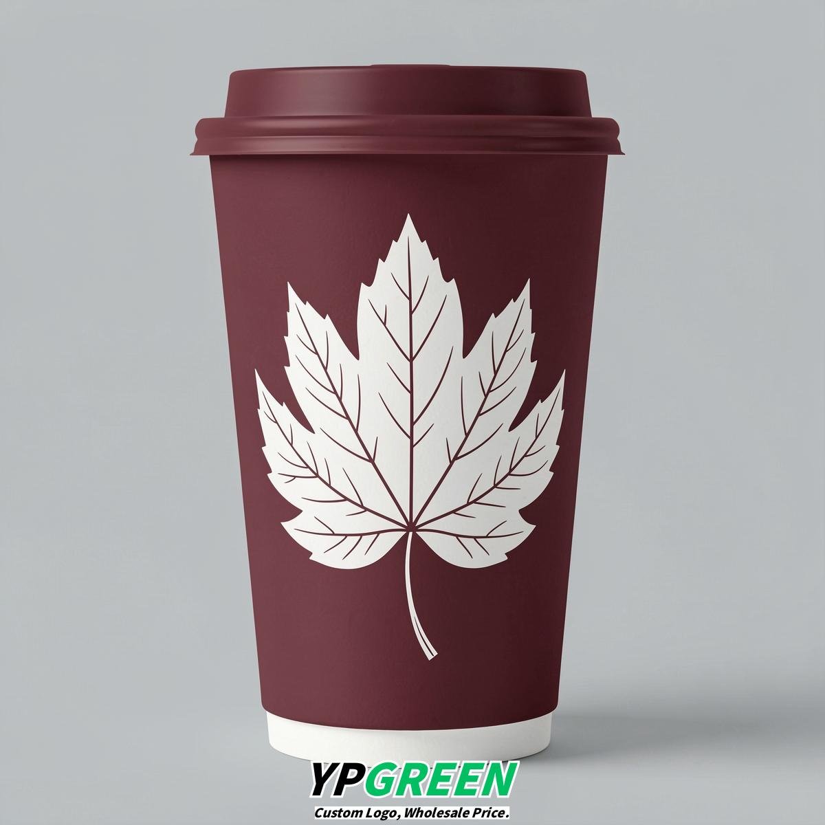 Maroon Leaves Paper Cups with Lids 8-24oz