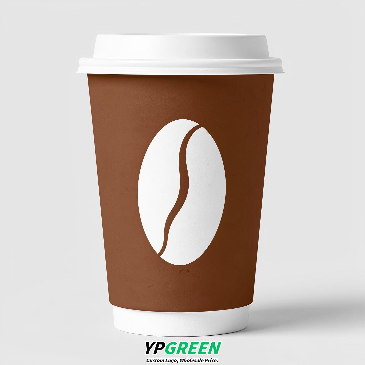 Maroon Paper Cups with Coffee Bean Logo & Lids 8-24oz