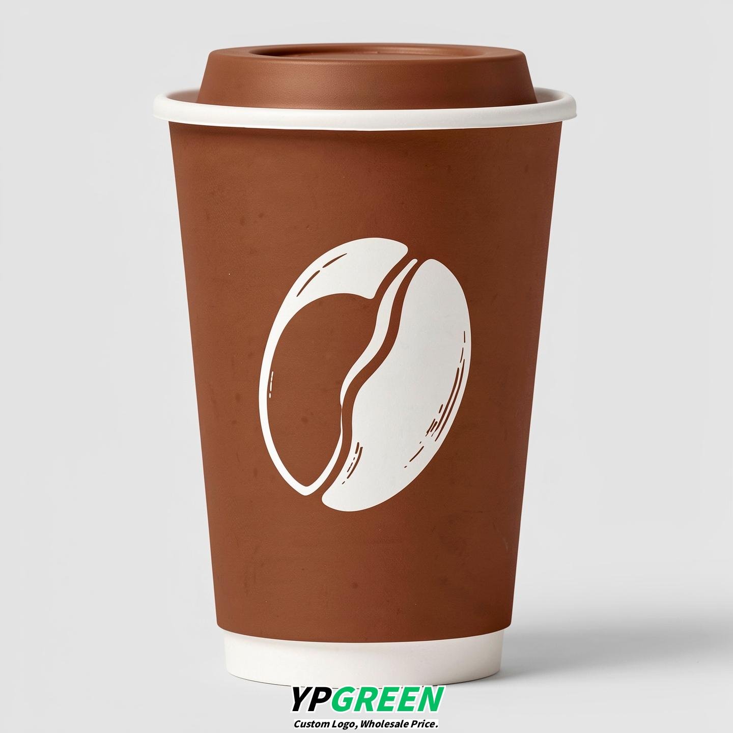 Maroon Paper Cups with Coffee Bean Logo & Lids 8-24oz