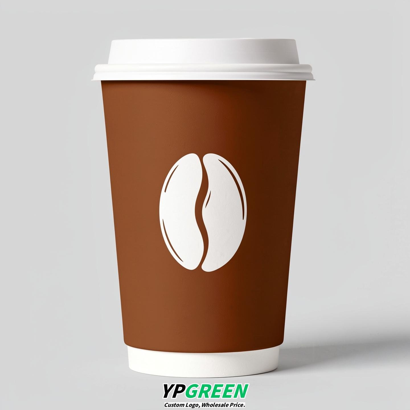 Maroon Paper Cups with Coffee Bean Logo & Lids 8-24oz
