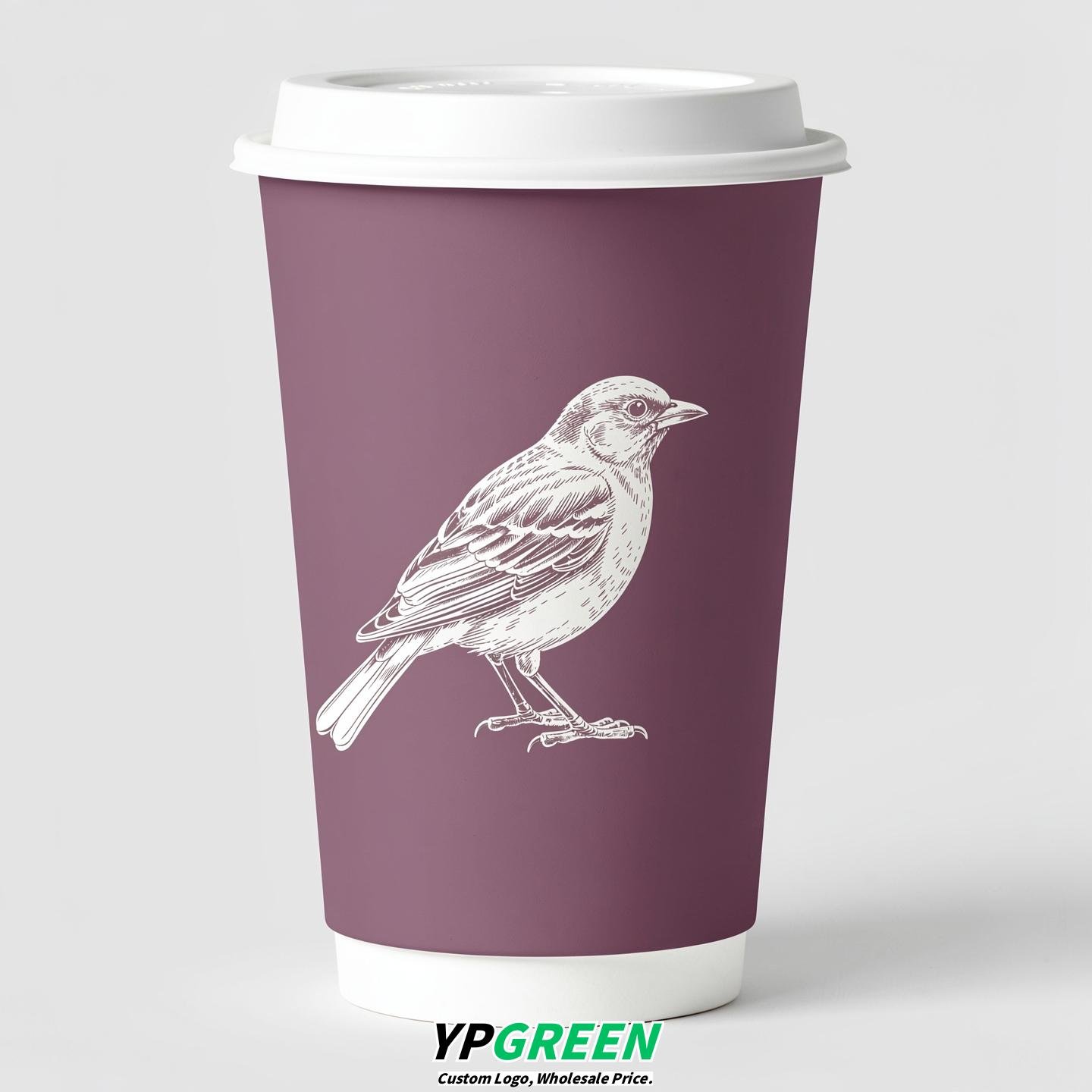 Mauve Paper Cups with Bird Logo & Lids 8-24oz
