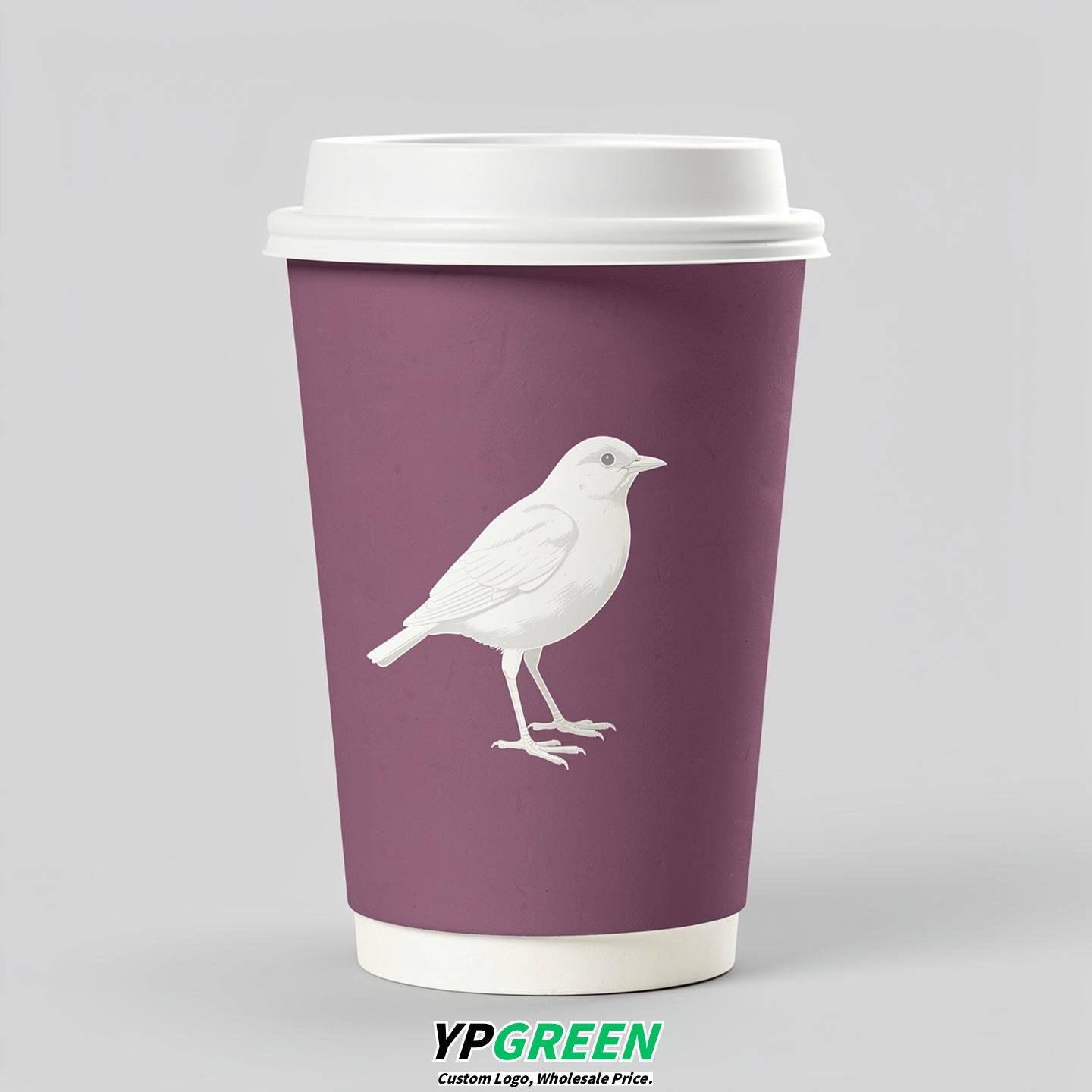 Mauve Paper Cups with Bird Logo & Lids 8-24oz