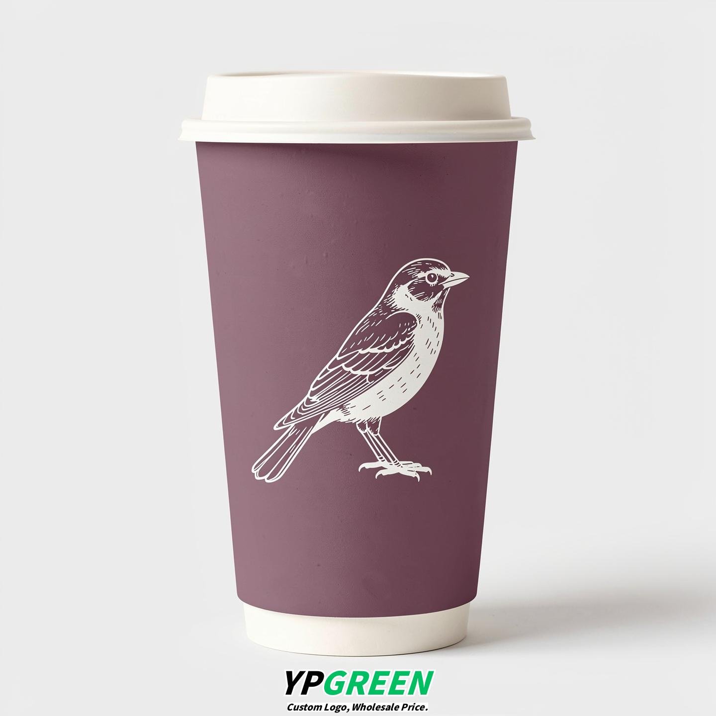 Mauve Paper Cups with Bird Logo & Lids 8-24oz