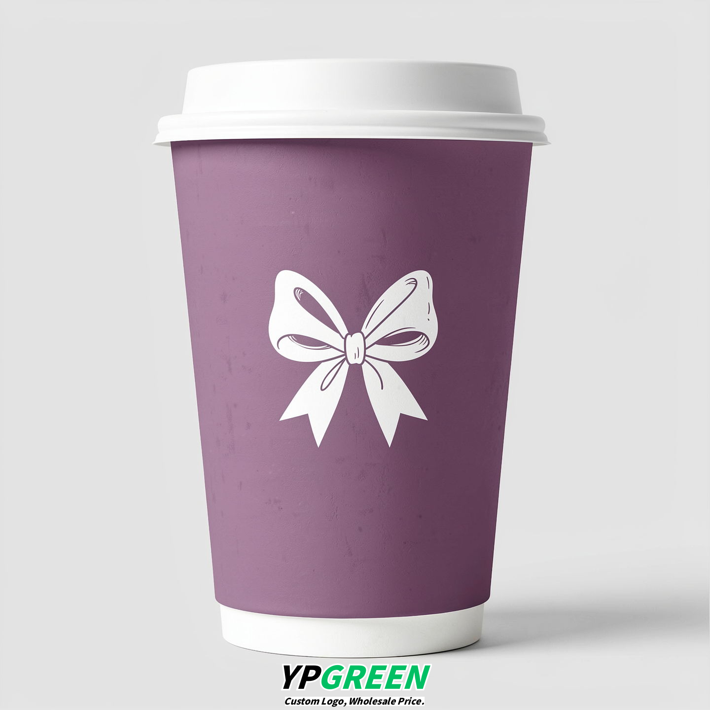 Mauve Paper Cups with Bow Logo & Lids 8-24oz