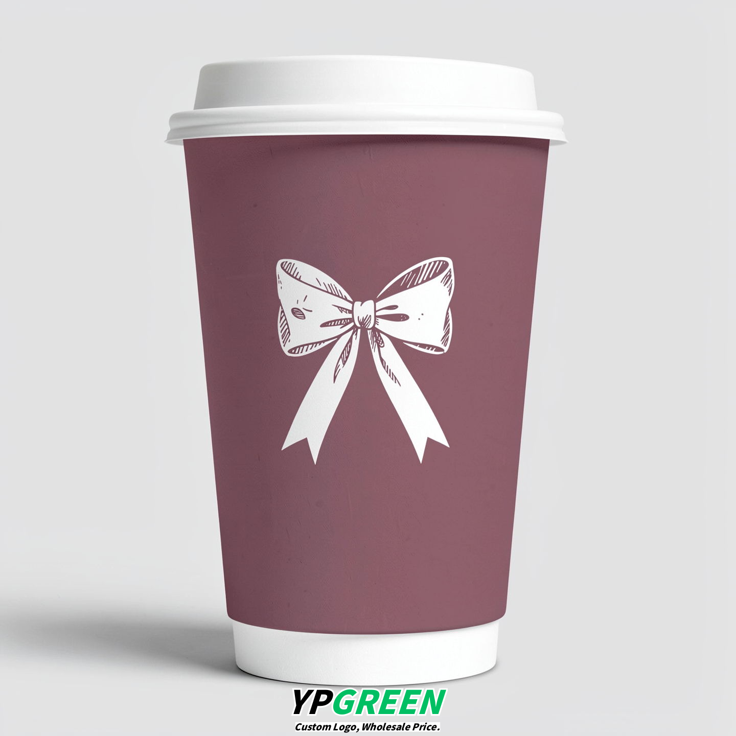 Mauve Paper Cups with Bow Logo & Lids 8-24oz