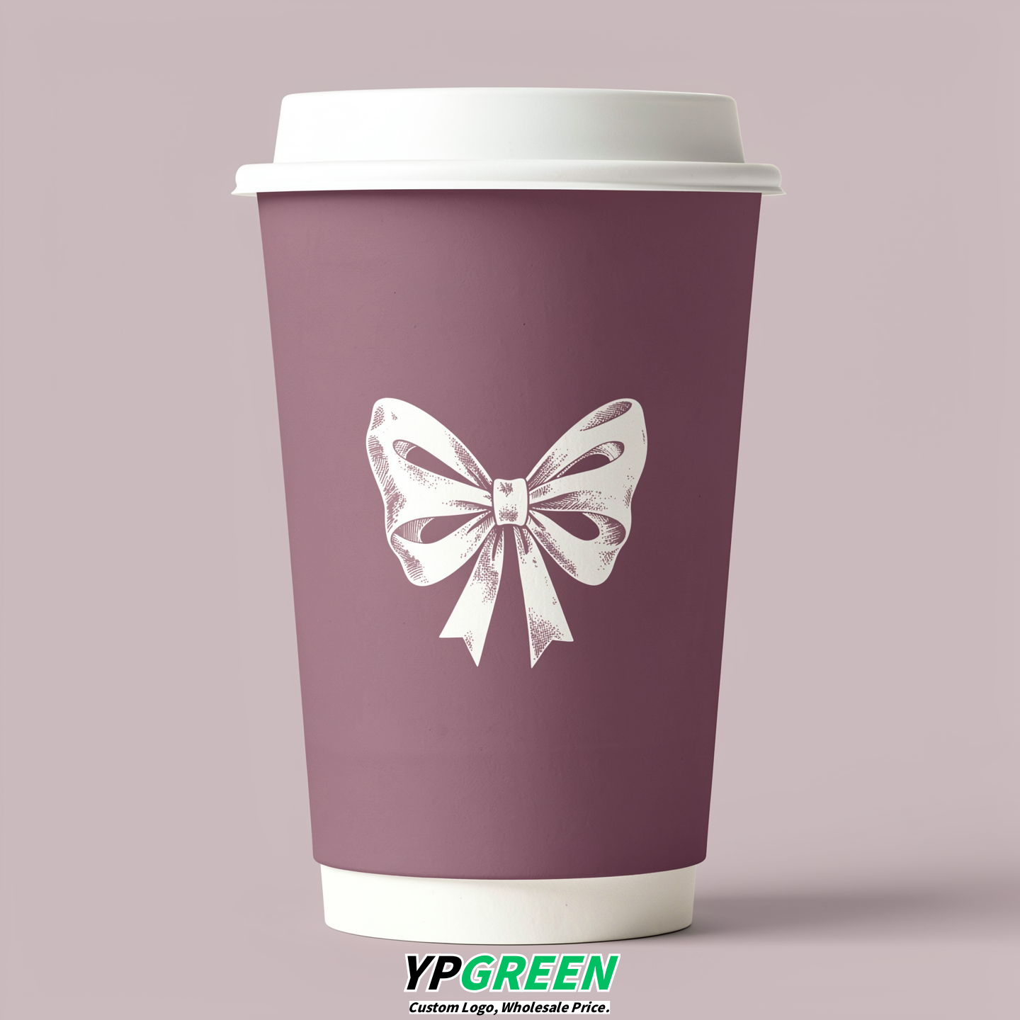 Mauve Paper Cups with Bow Logo & Lids 8-24oz