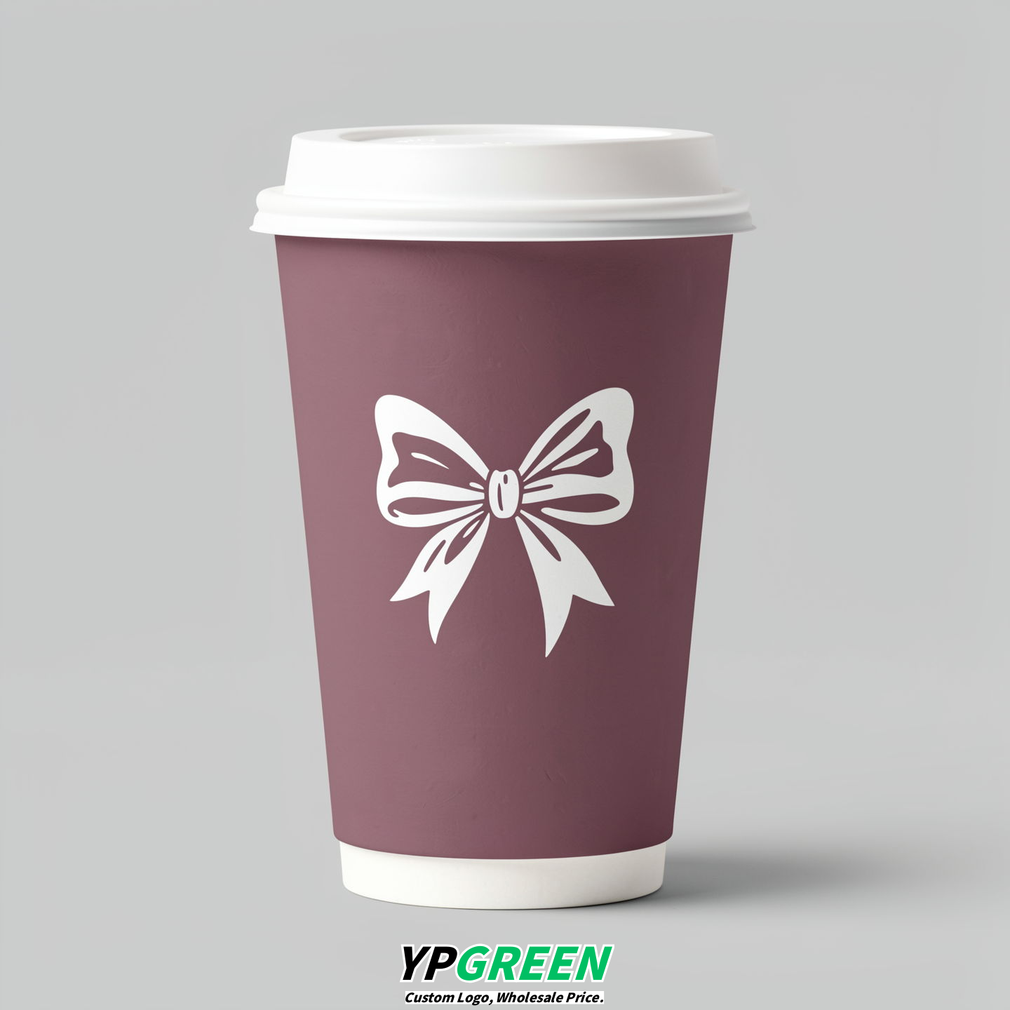 Mauve Paper Cups with Bow Logo & Lids 8-24oz