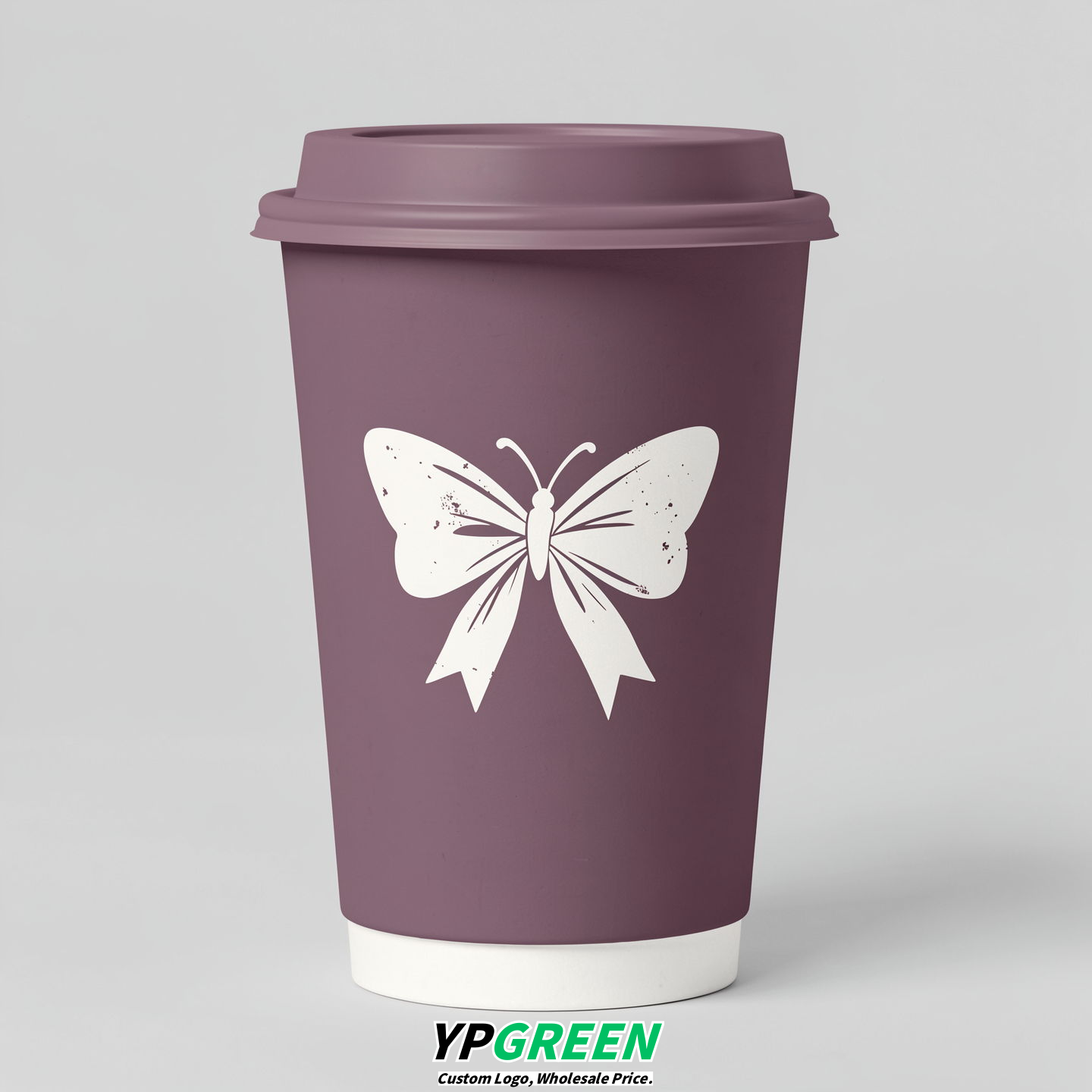 Mauve Paper Cups with Bow Logo & Lids 8-24oz