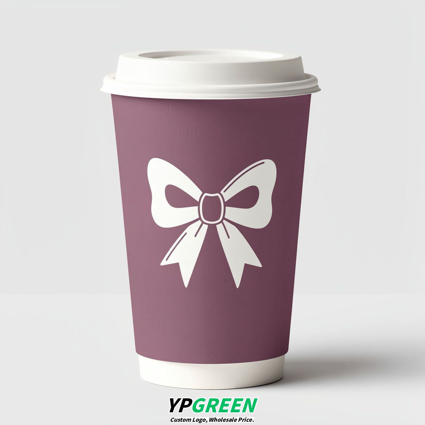 Mauve Paper Cups with Bow Logo & Lids 8-24oz