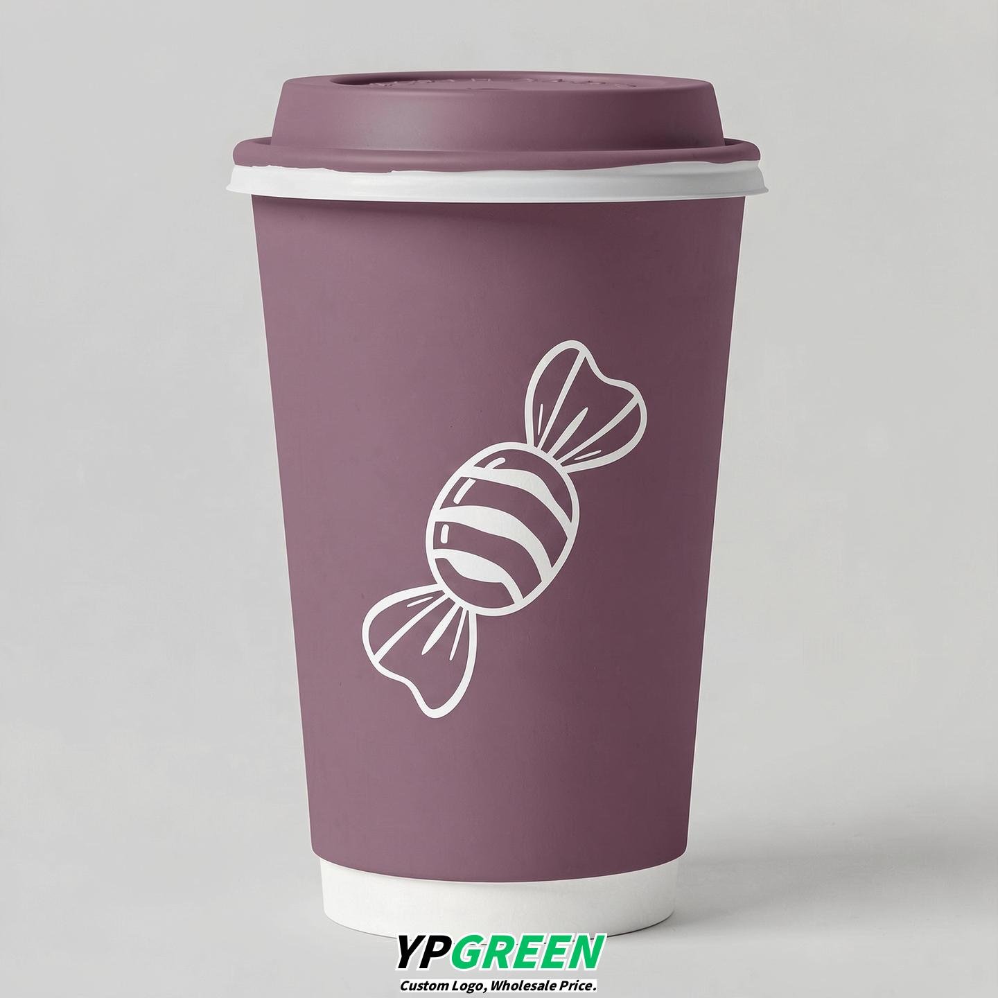 Mauve Paper Cups with Candy Logo & Lids 8-24oz