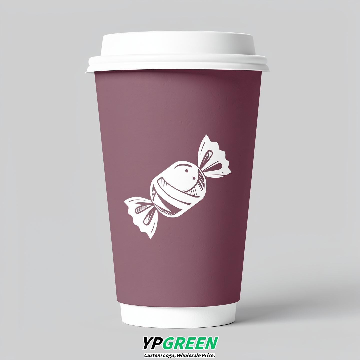 Mauve Paper Cups with Candy Logo & Lids 8-24oz