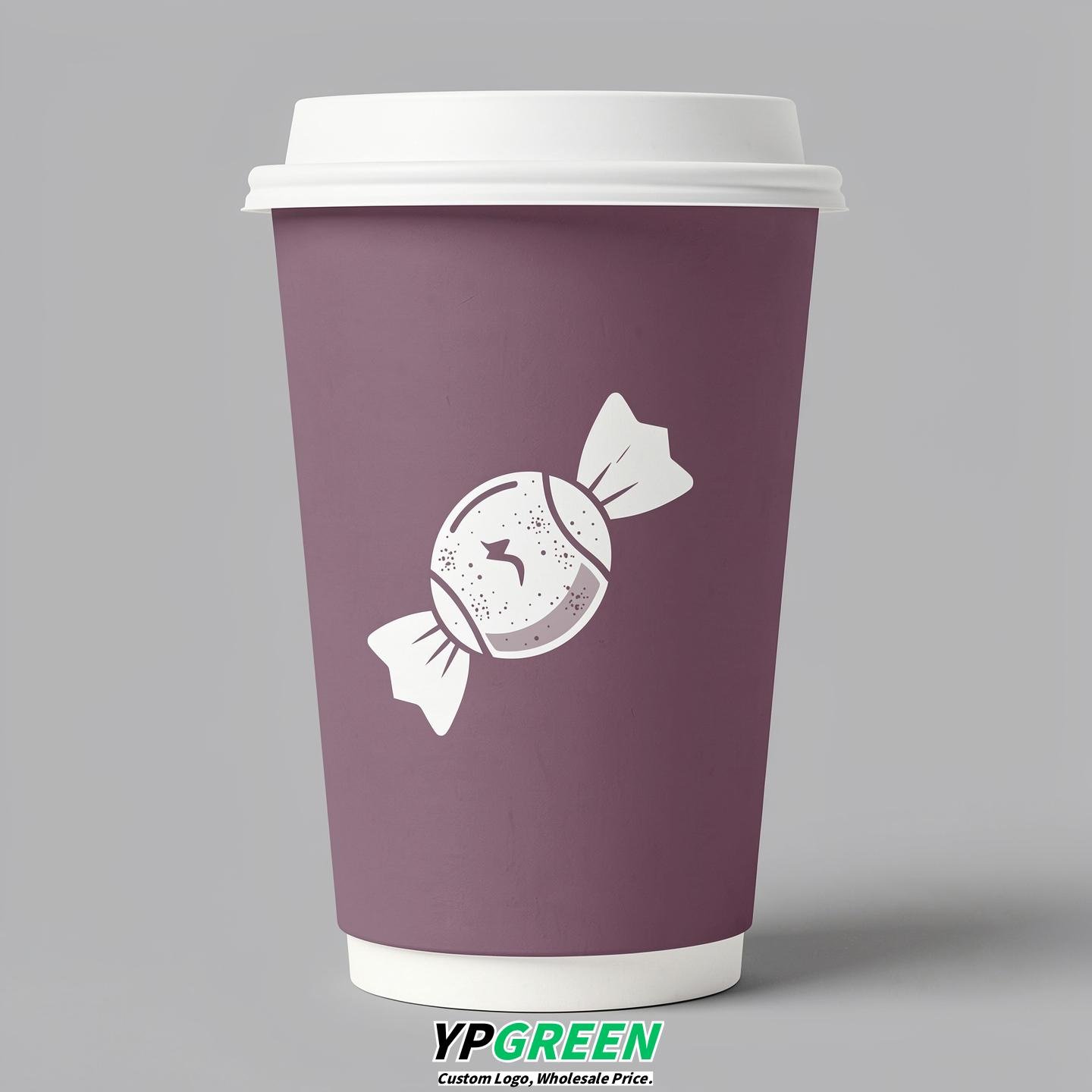 Mauve Paper Cups with Candy Logo & Lids 8-24oz