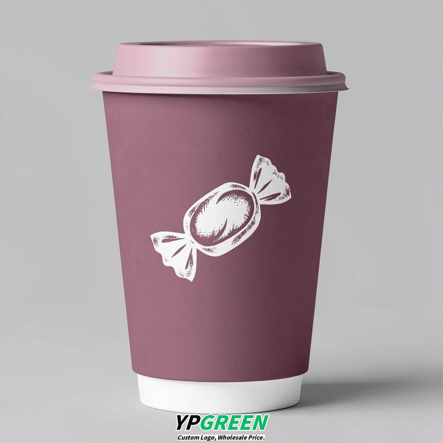 Mauve Paper Cups with Candy Logo & Lids 8-24oz