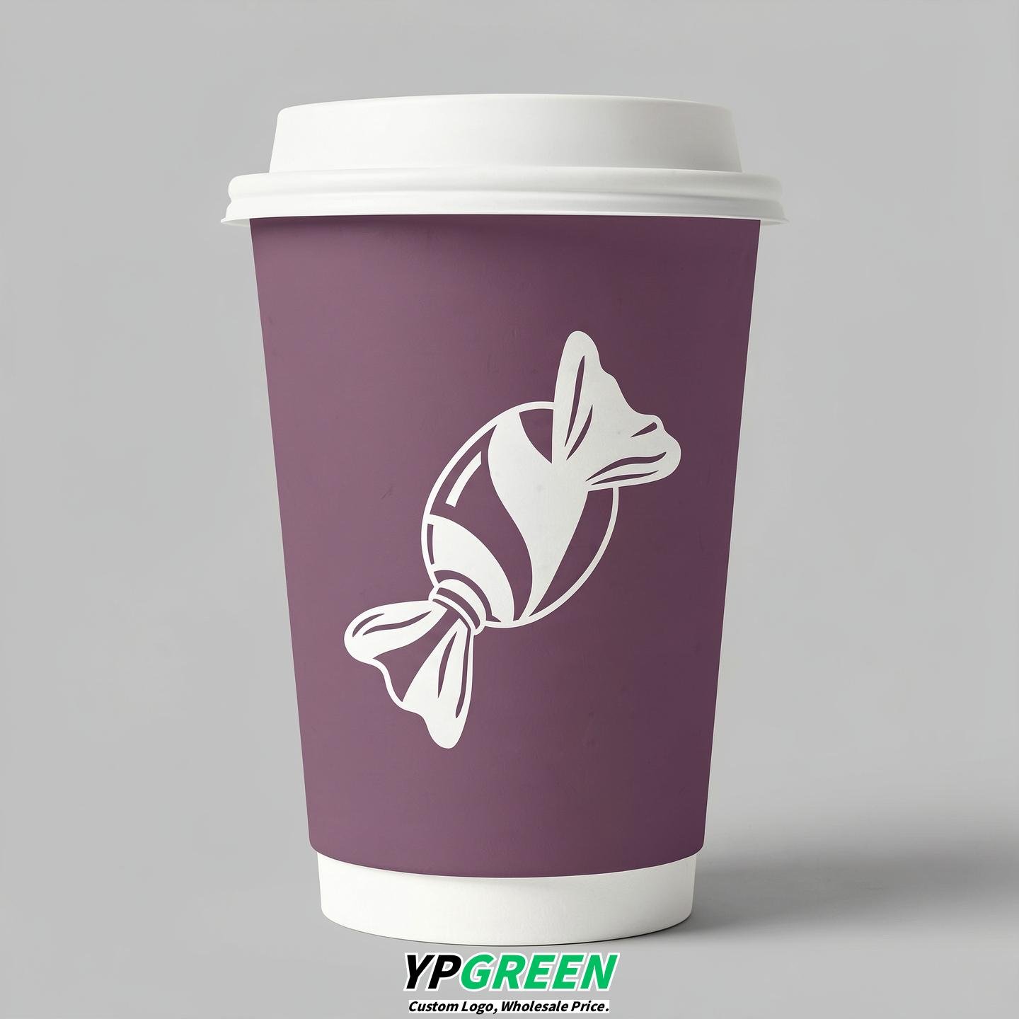 Mauve Paper Cups with Candy Logo & Lids 8-24oz