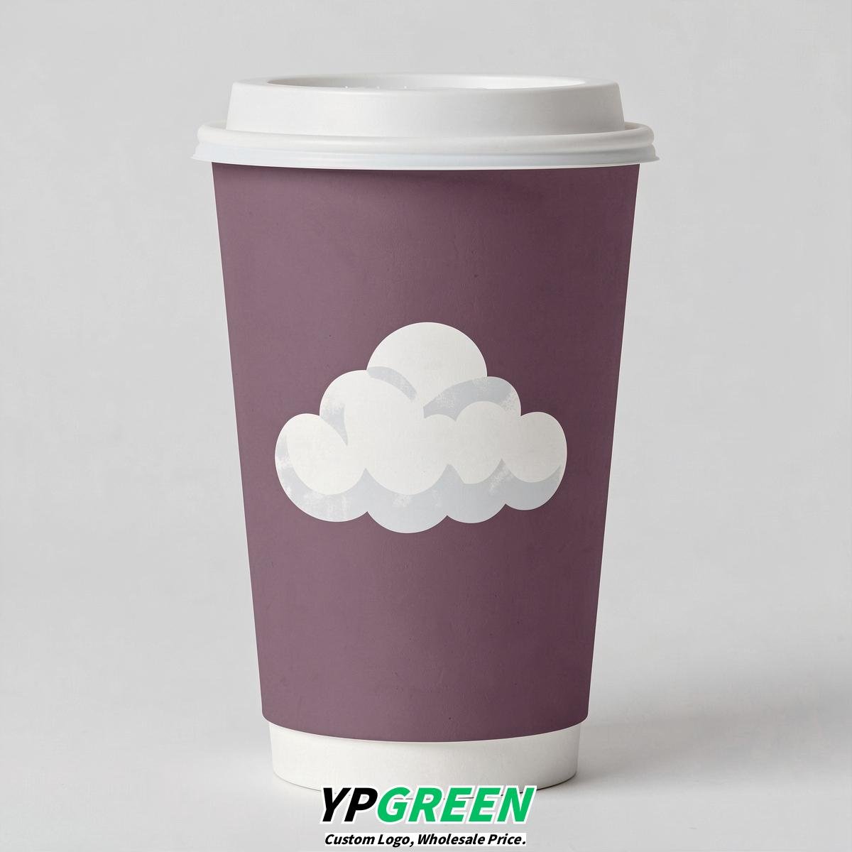 Mauve Paper Cups with Clouds Logo & Lids 8-24oz