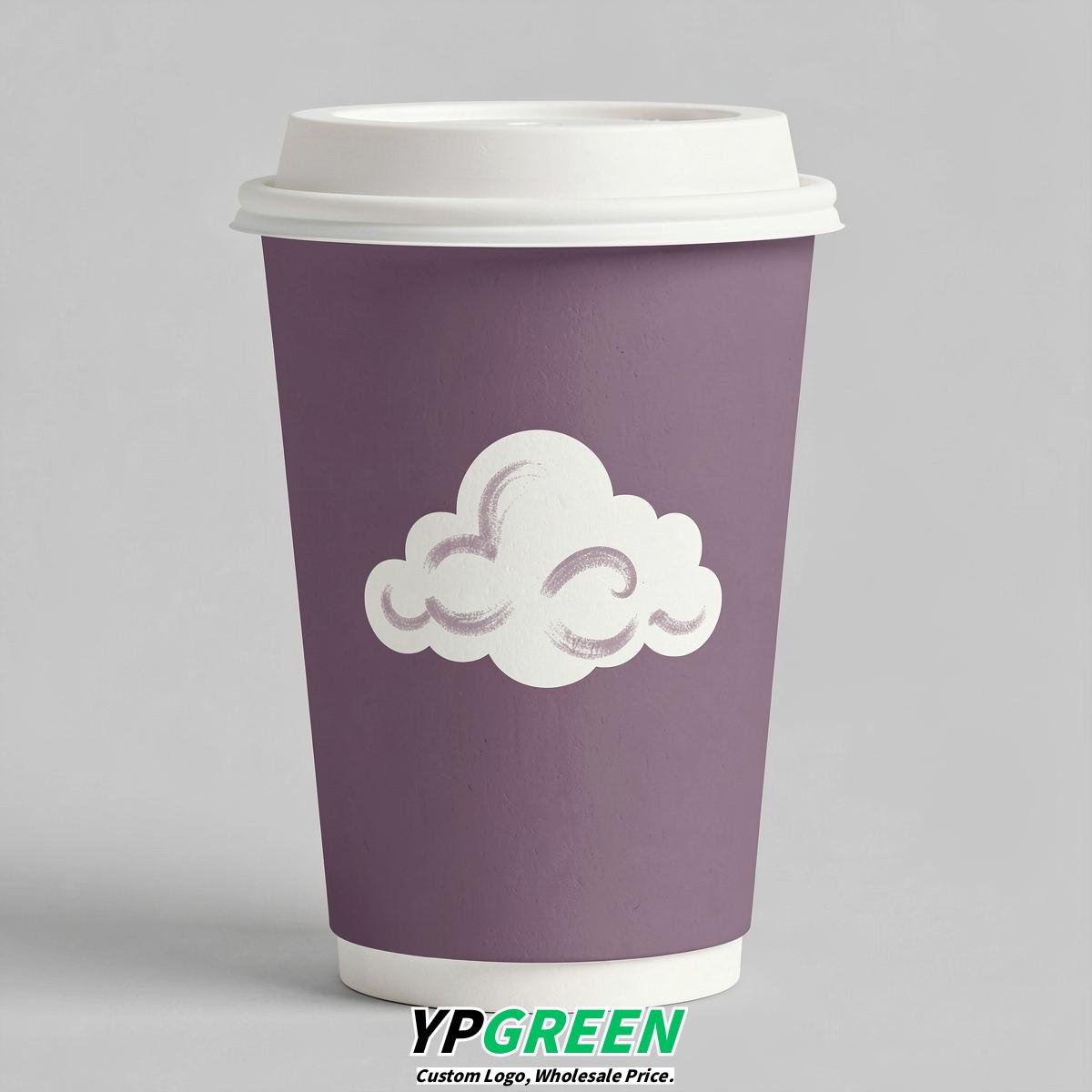 Mauve Paper Cups with Clouds Logo & Lids 8-24oz
