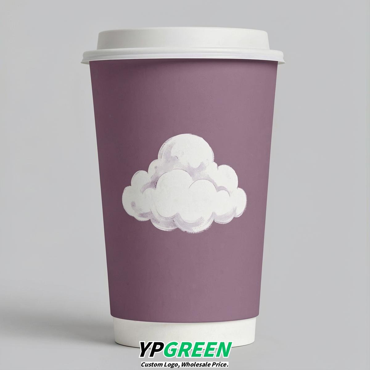 Mauve Paper Cups with Clouds Logo & Lids 8-24oz