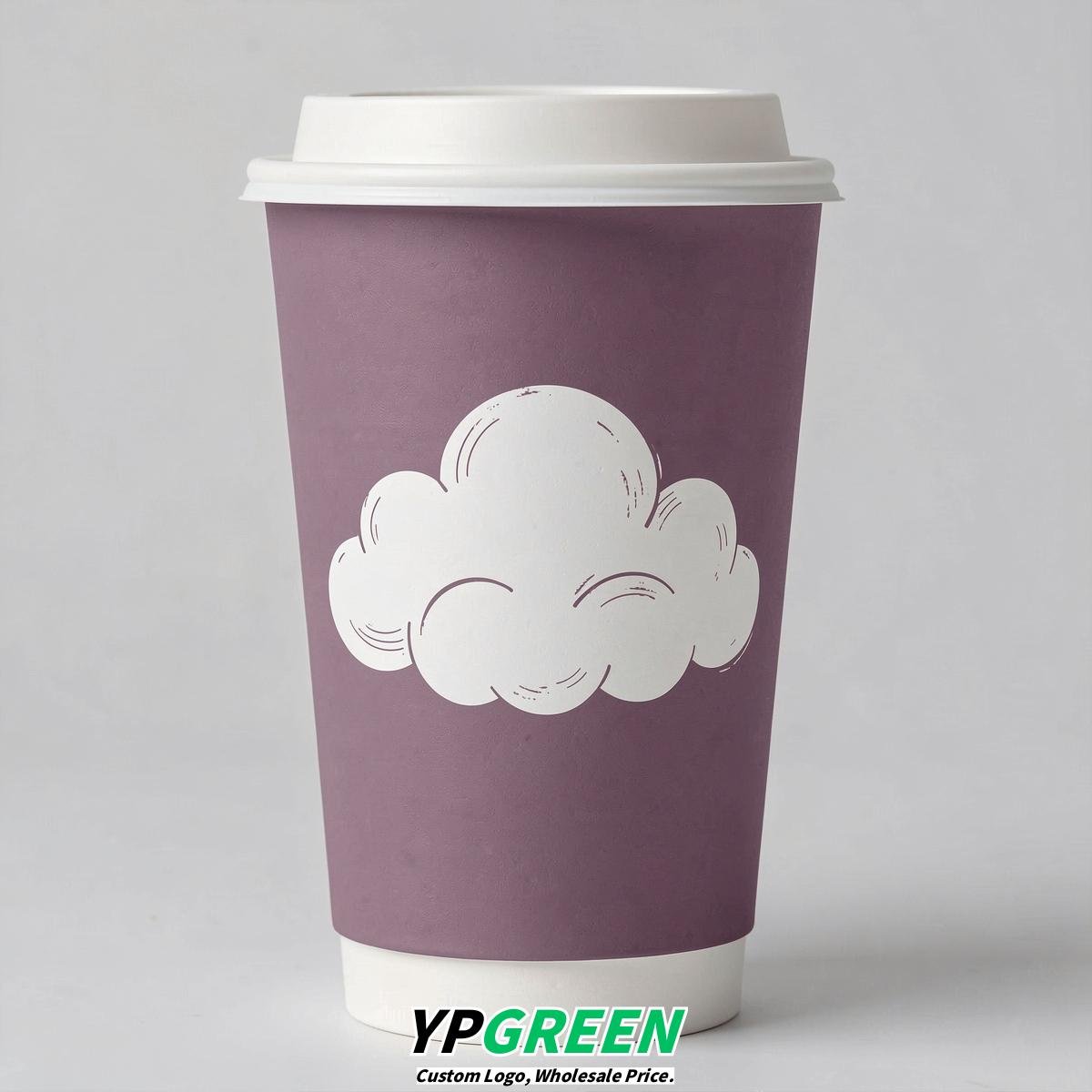 Mauve Paper Cups with Clouds Logo & Lids 8-24oz