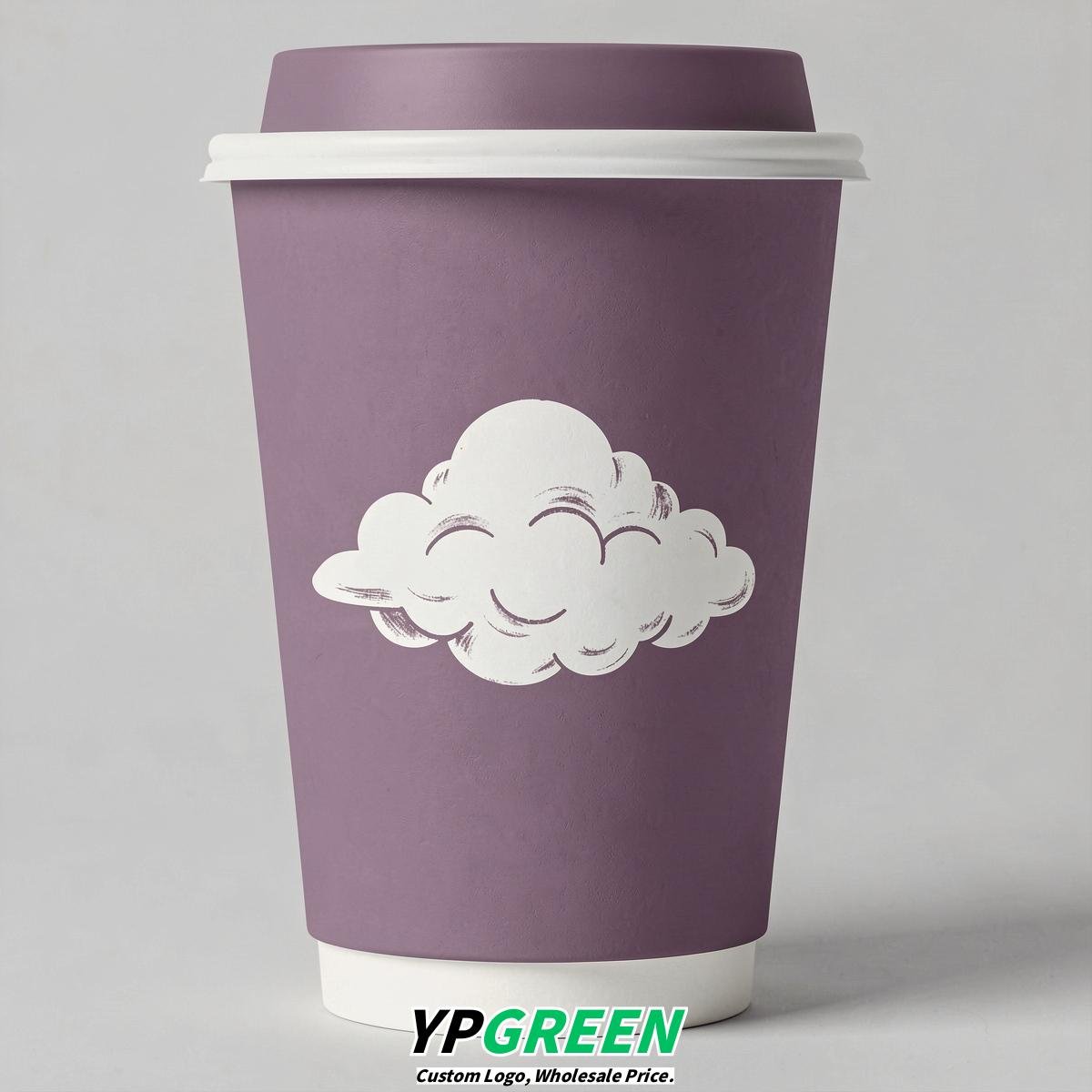 Mauve Paper Cups with Clouds Logo & Lids 8-24oz