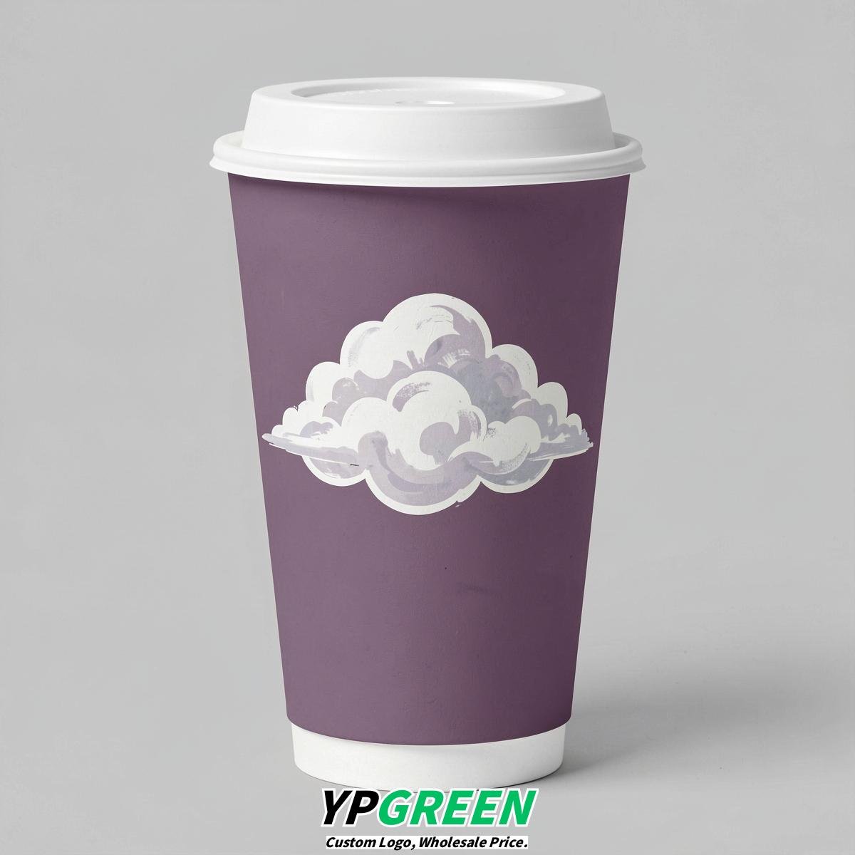 Mauve Paper Cups with Clouds Logo & Lids 8-24oz