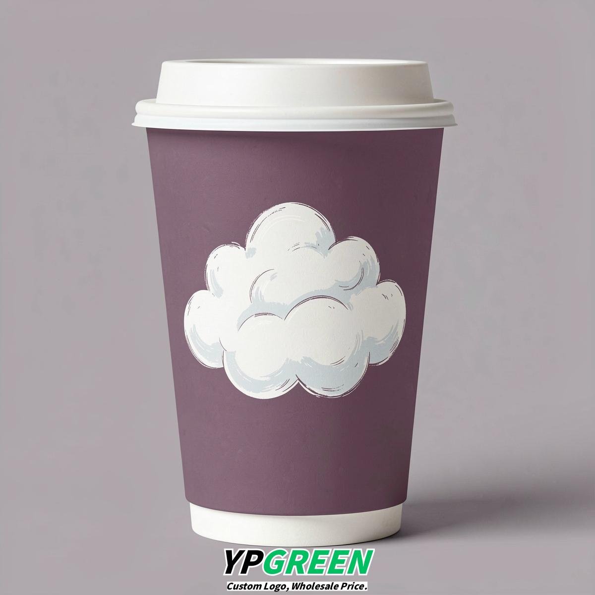 Mauve Paper Cups with Clouds Logo & Lids 8-24oz
