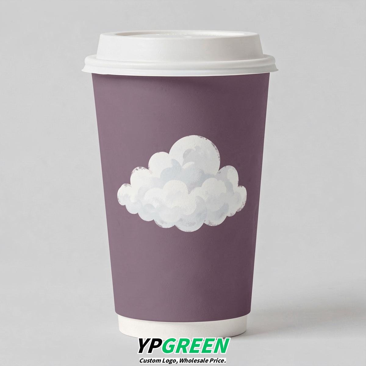 Mauve Paper Cups with Clouds Logo & Lids 8-24oz