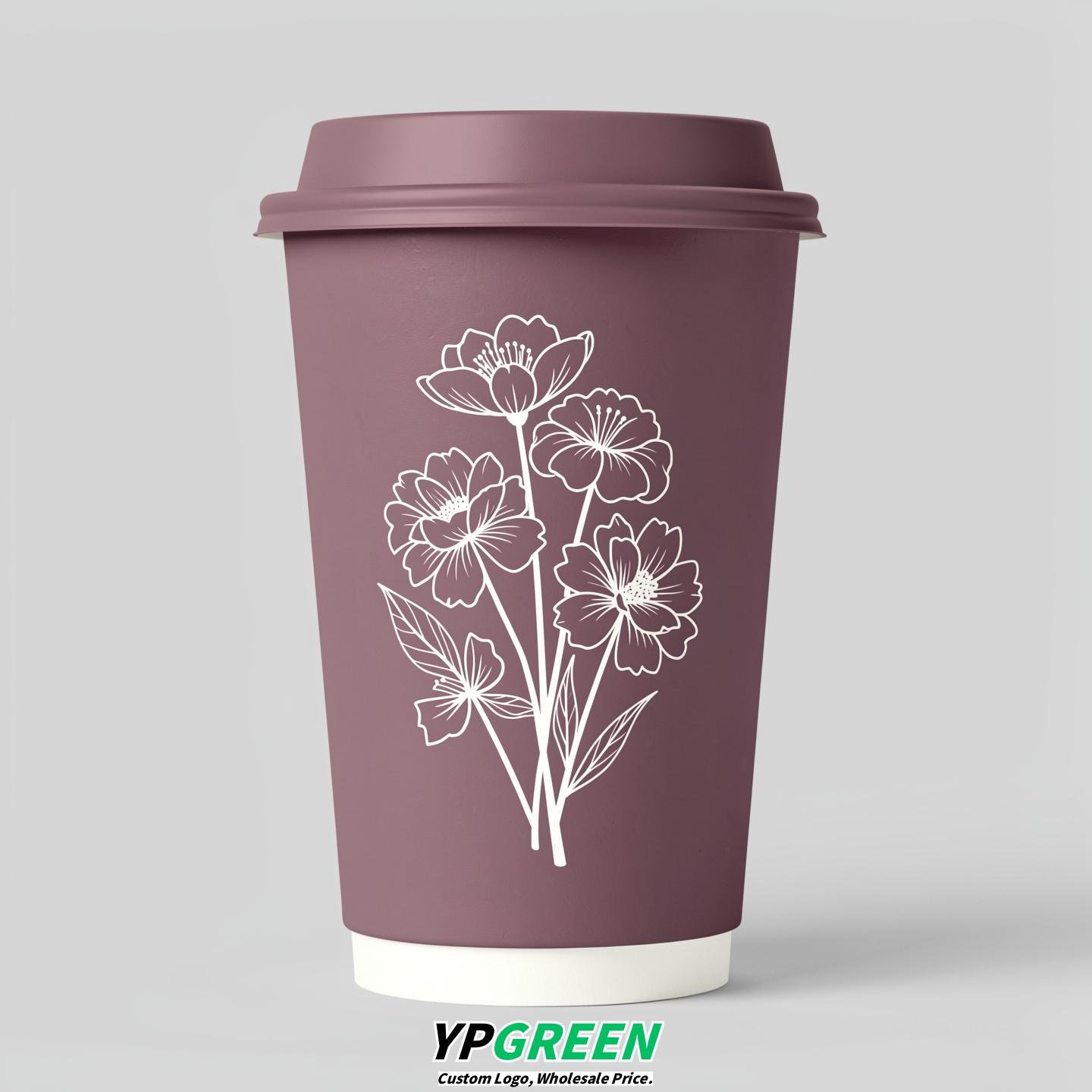 Mauve Floral Paper Cups with Lids 8-24oz