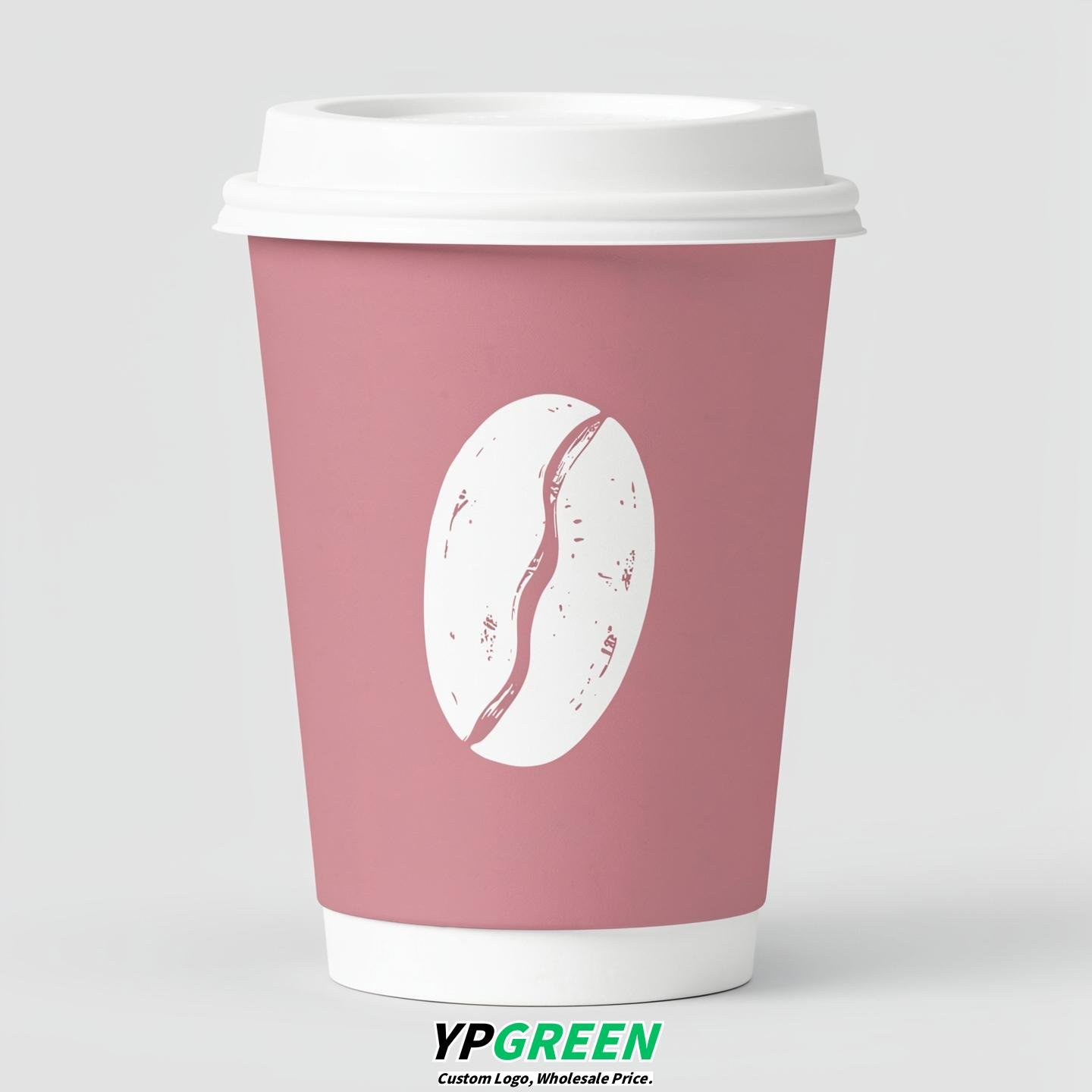 Mauve Paper Cups with Coffee Bean Logo & Lids 8-24oz