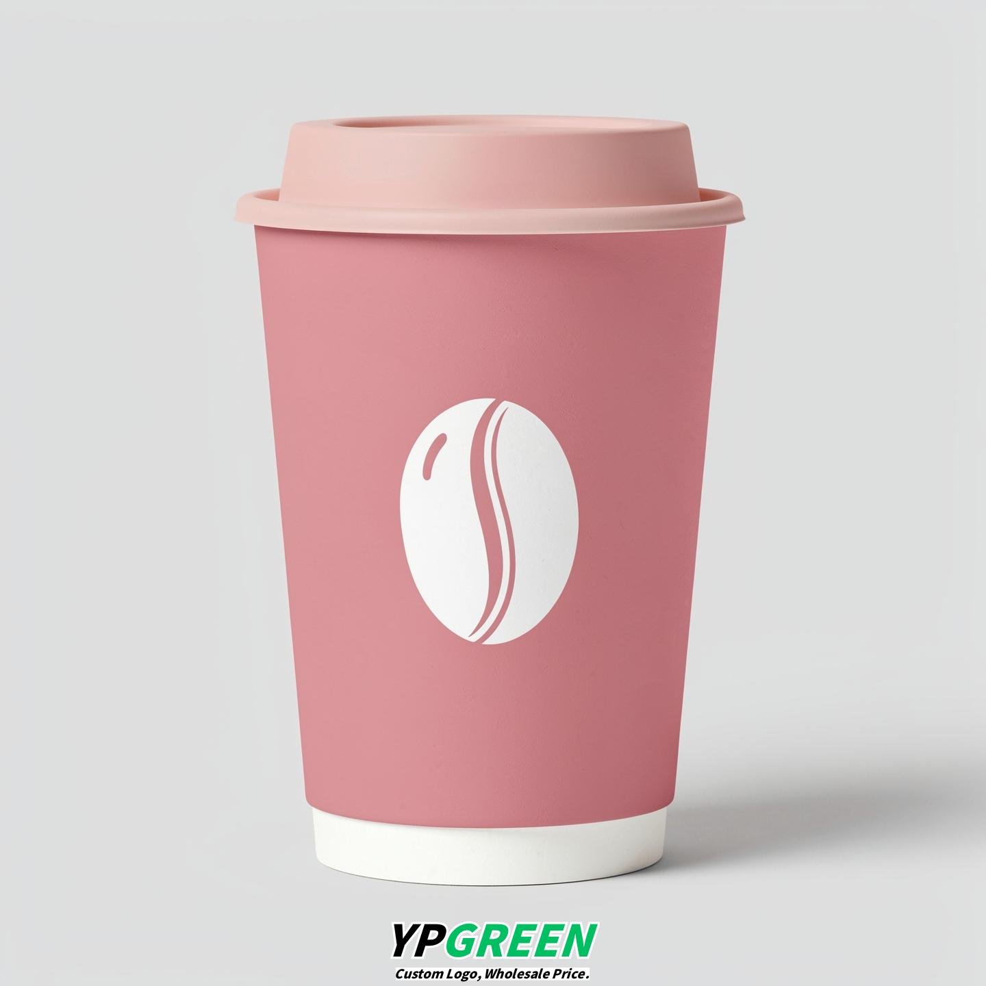 Mauve Paper Cups with Coffee Bean Logo & Lids 8-24oz