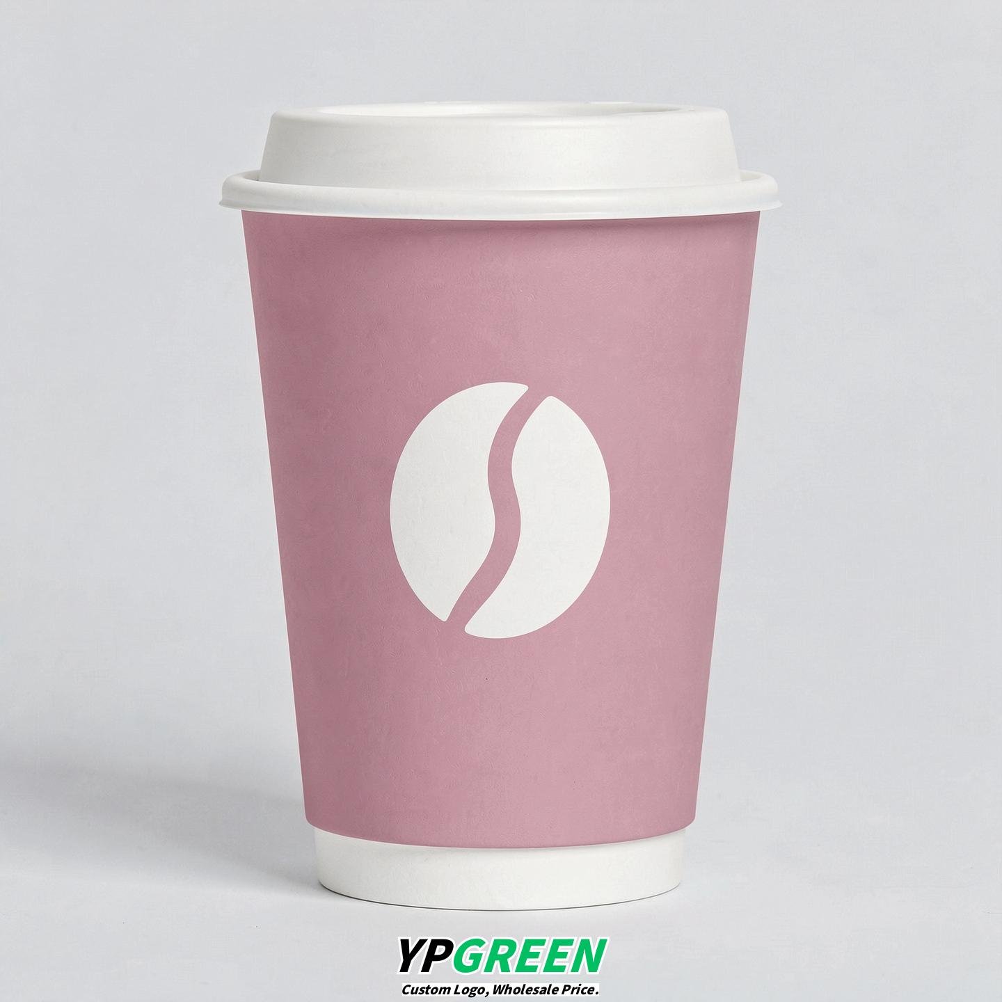 Mauve Paper Cups with Coffee Bean Logo & Lids 8-24oz