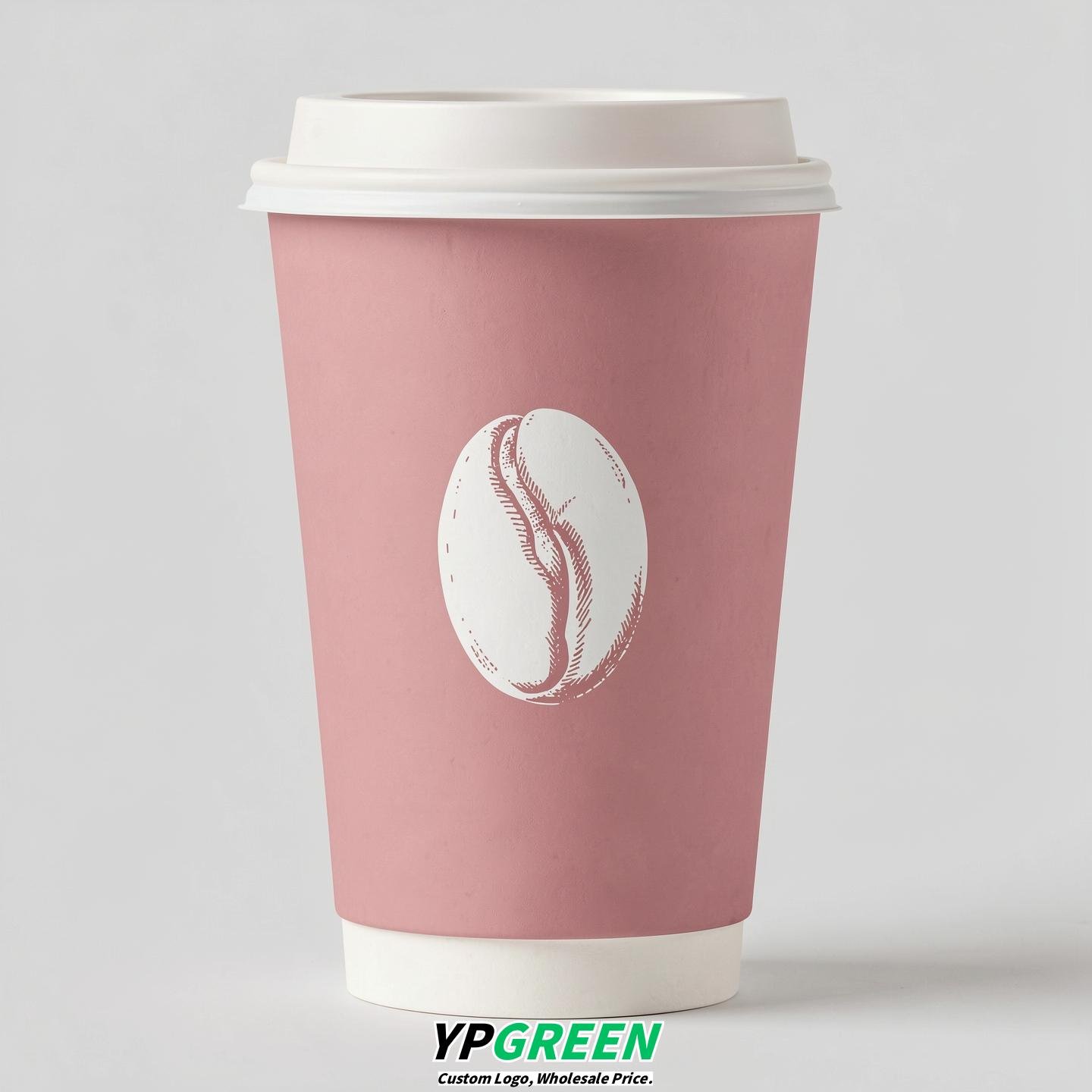 Mauve Paper Cups with Coffee Bean Logo & Lids 8-24oz