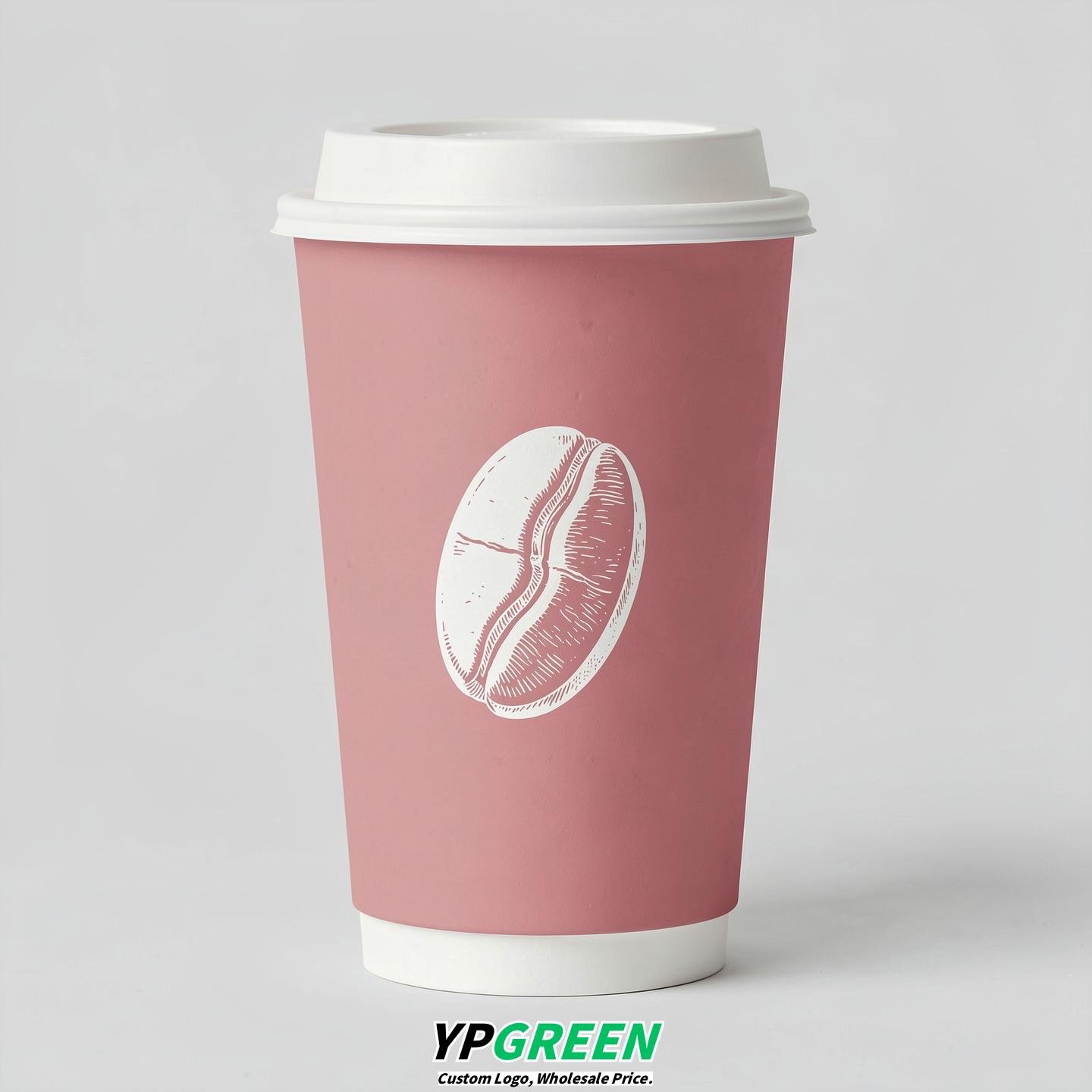 Mauve Paper Cups with Coffee Bean Logo & Lids 8-24oz