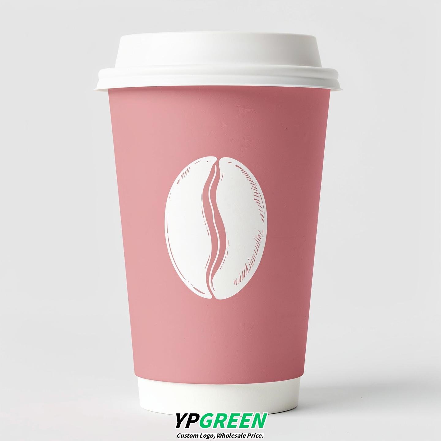 Mauve Paper Cups with Coffee Bean Logo & Lids 8-24oz