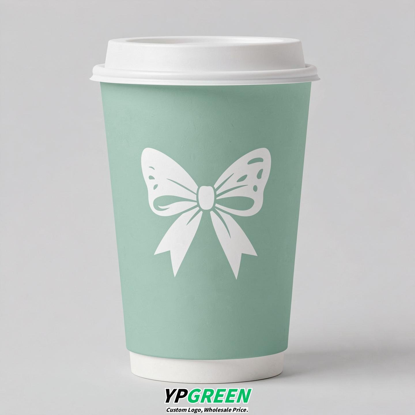 Mint Green Paper Cups with Bow Logo & Lids 8-24oz