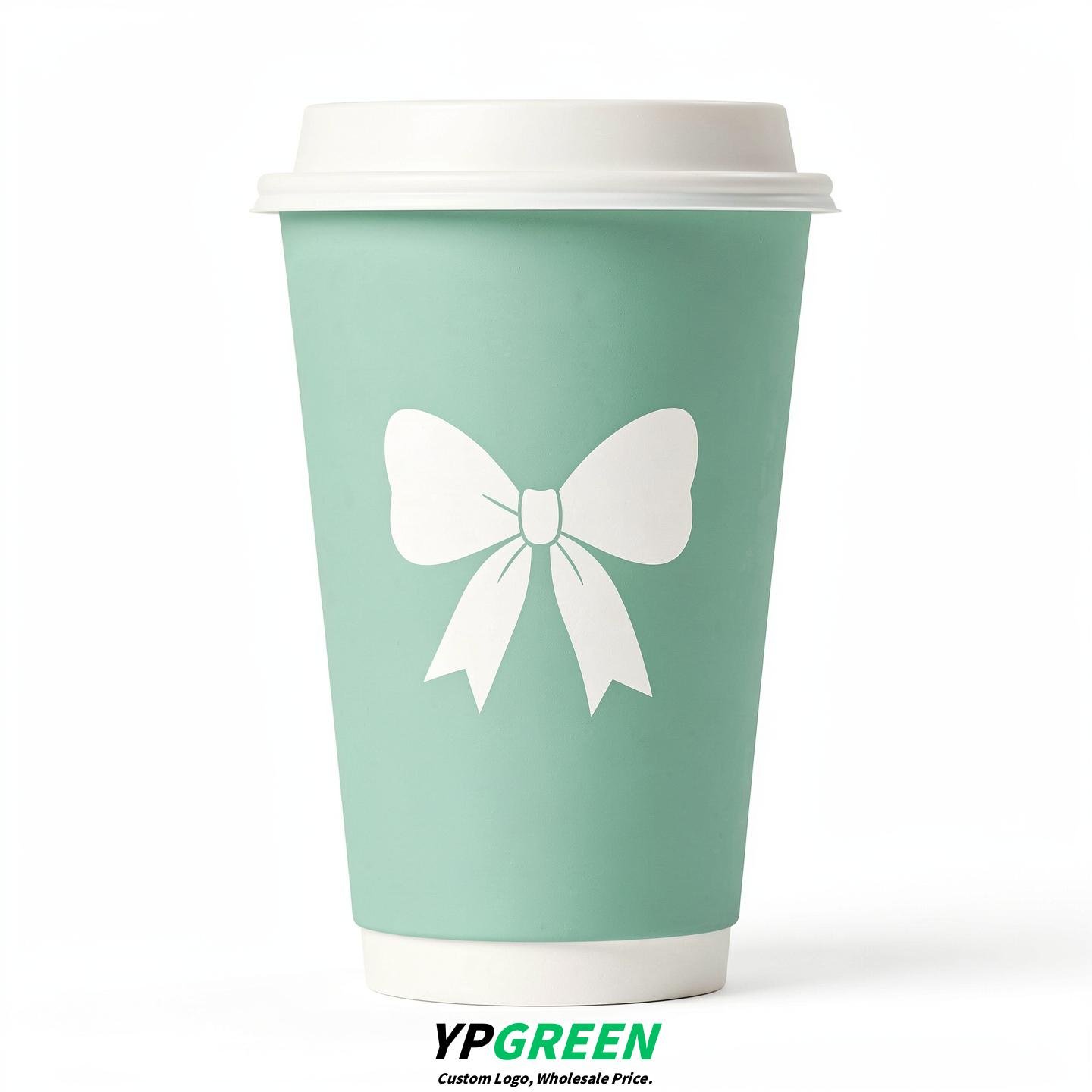 Mint Green Paper Cups with Bow Logo & Lids 8-24oz