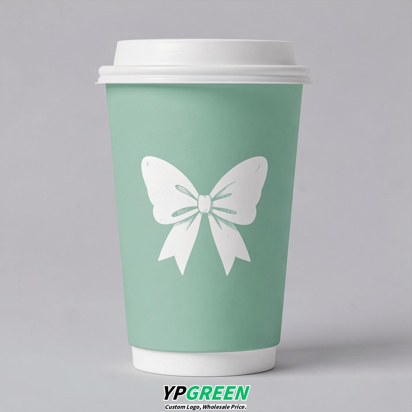 Mint Green Paper Cups with Bow Logo & Lids 8-24oz