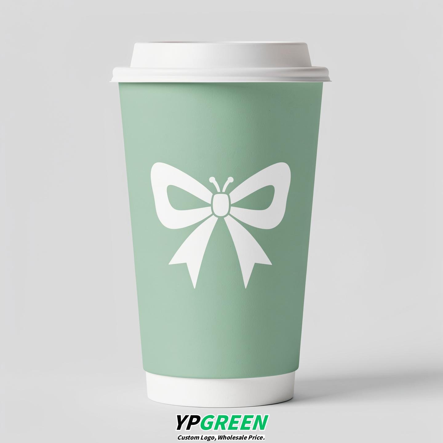 Mint Green Paper Cups with Bow Logo & Lids 8-24oz