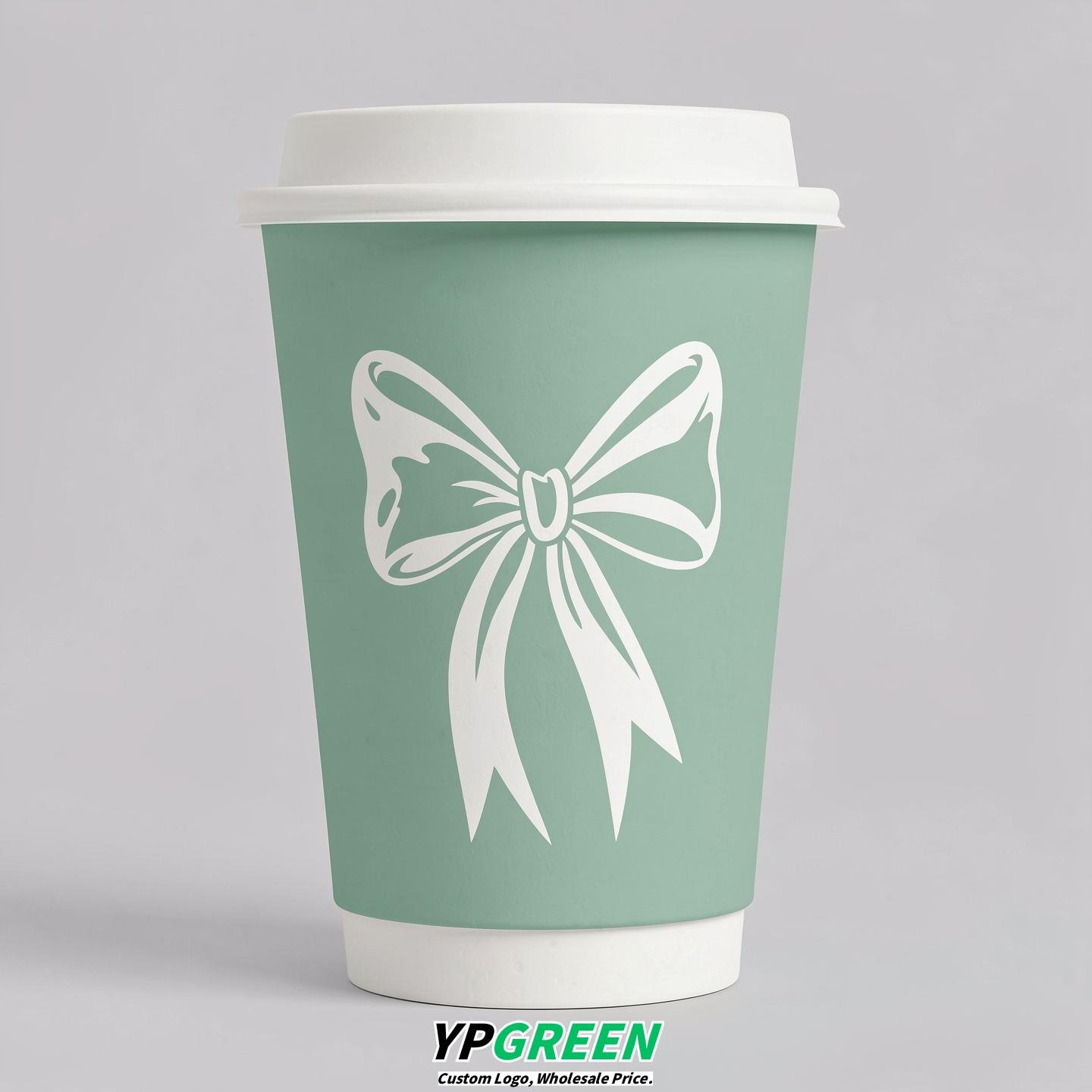 Mint Green Paper Cups with Bow Logo & Lids 8-24oz