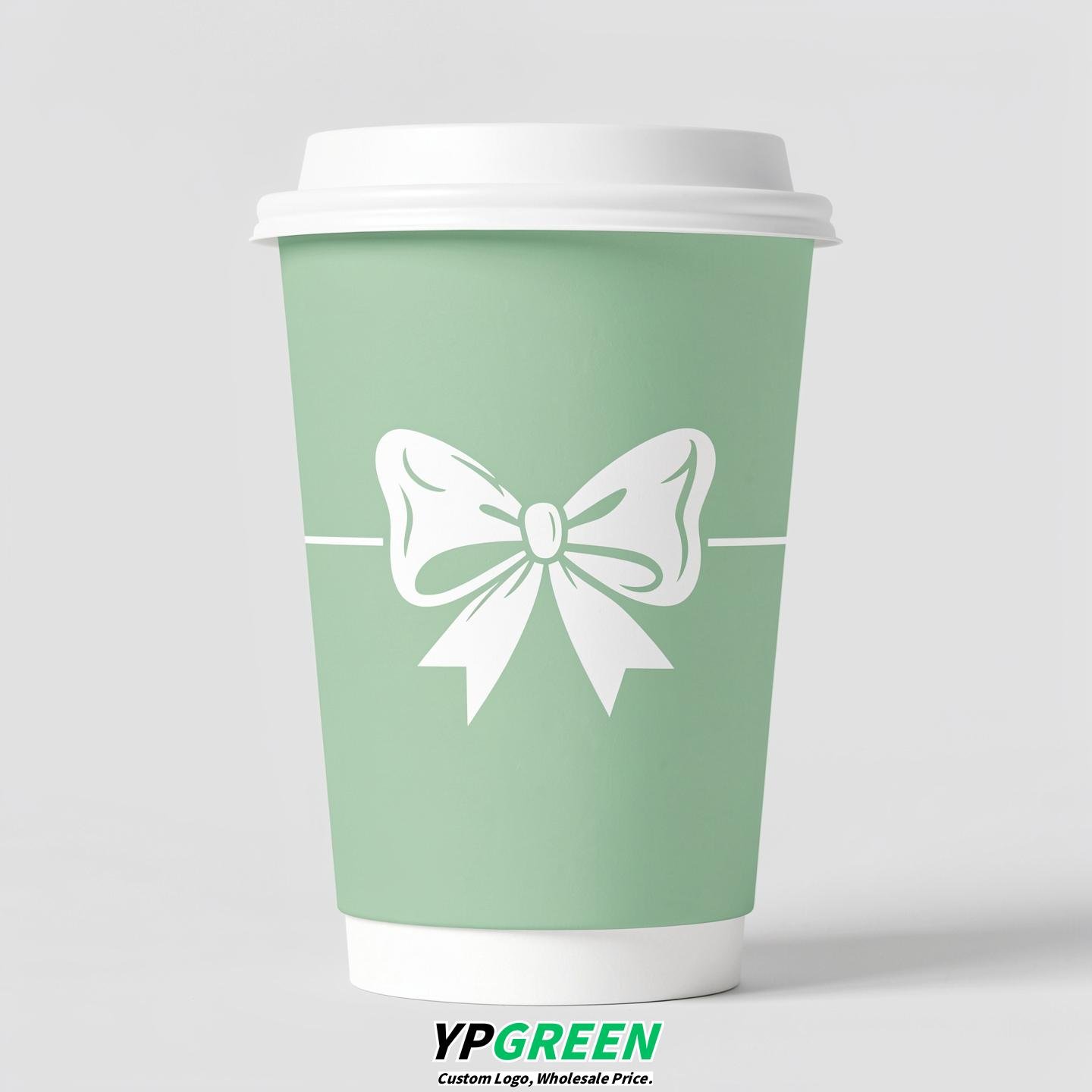 Mint Green Paper Cups with Bow Logo & Lids 8-24oz