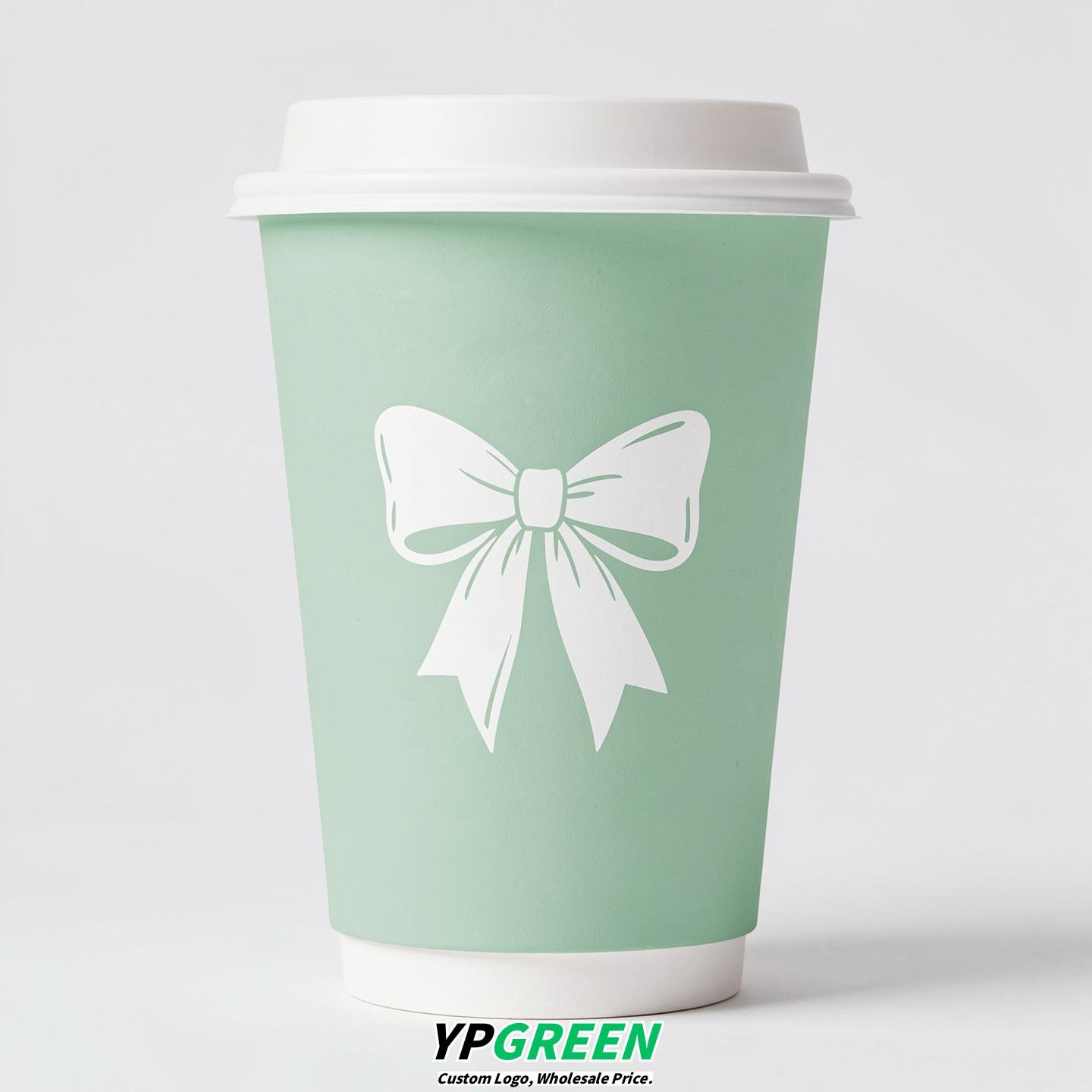 Mint Green Paper Cups with Bow Logo & Lids 8-24oz